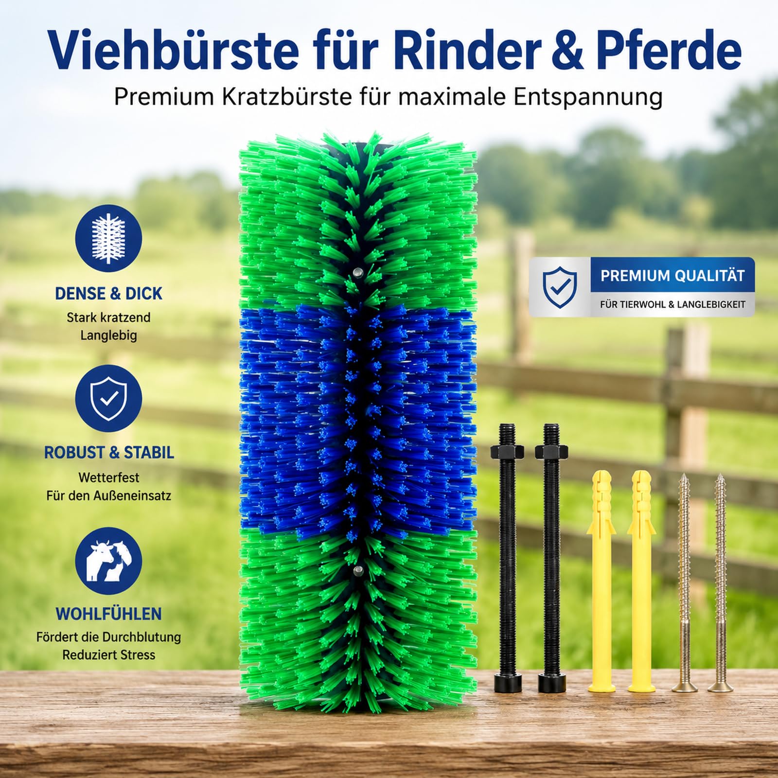 Kratzbürste Pferd, Pferdebürste und Mähnenbürste, Kuhbürste, Wurzelbürste für Pferdepflege, Massagebürste zur Linderung von Juckreiz für Haustiere wie Kühe, Schafe, Grün-Blau