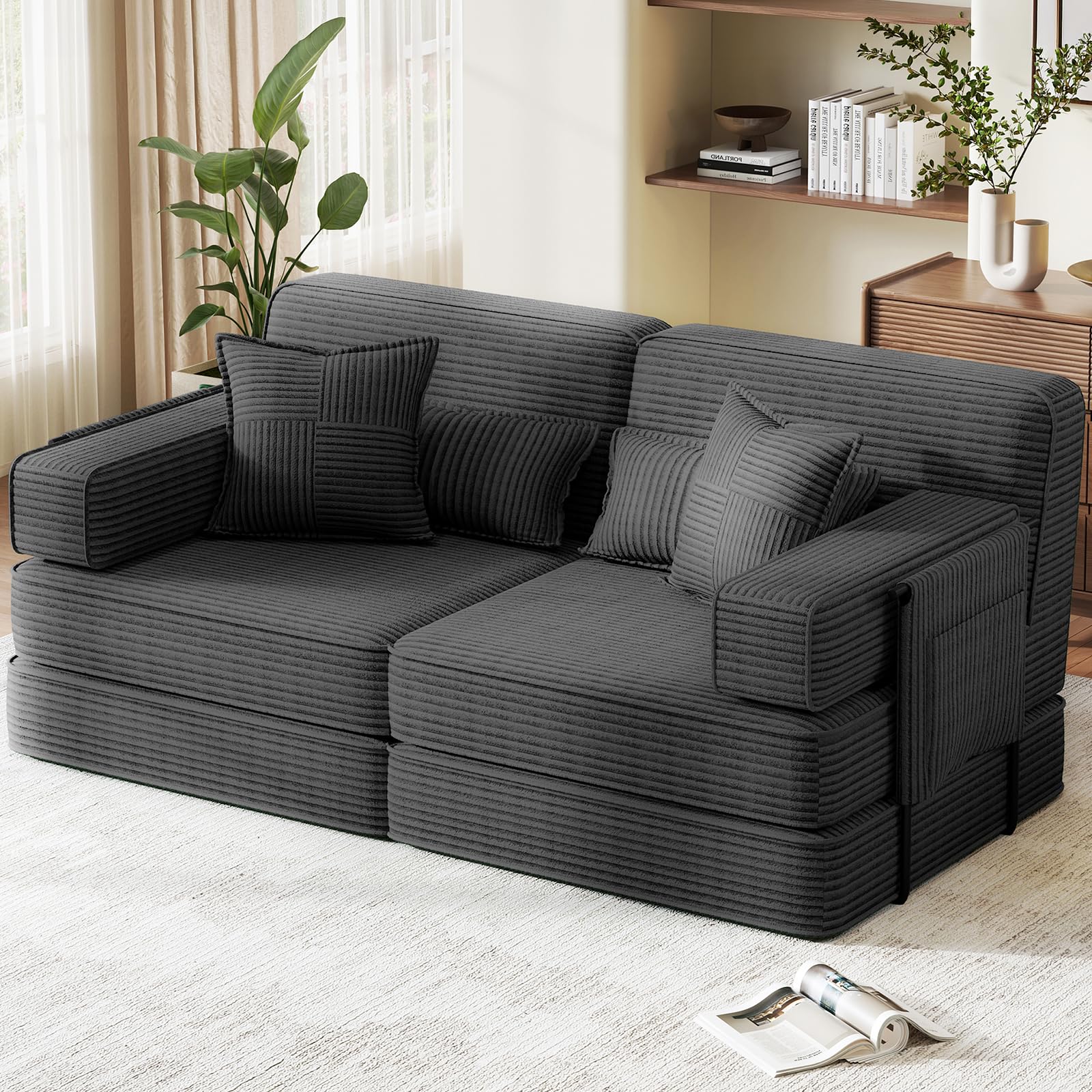 Schlafsofa 190 cm Breit, Modulares Bodensofa, Boneless Couch mit Hoher Rückenlehne, 2-Sitzer Vollschaum Sofa aus Cord, 5-in-1 Klappsofa mit Schlaffunktion zum Gästebett, Grau