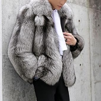 Men's Faux Fox Fur Short Coat Classic Fur Collar Shaggy Long Sleeves Warmth Winter Fuzzy Fur Garment