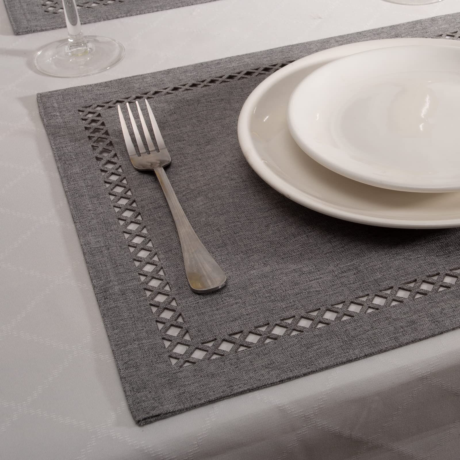 Placemats Set of 6 for Dining Table with Hollow Edge Design- Table Mats 12x 18 Inch, Cloth Place mats Machine Washable (Grey 6pcs)