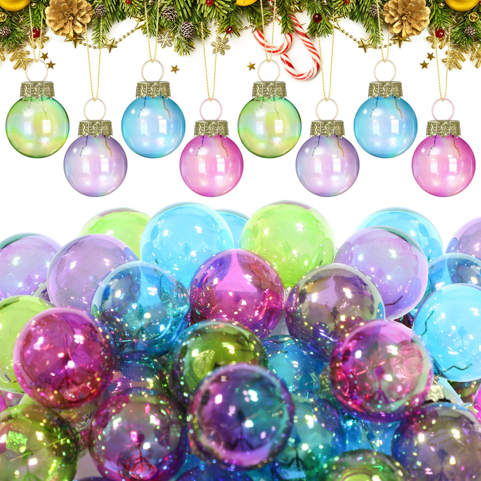 Tioncy 32 Pcs 1'' Mini Glass Christmas Ornament, Small Vibrant Color Balls