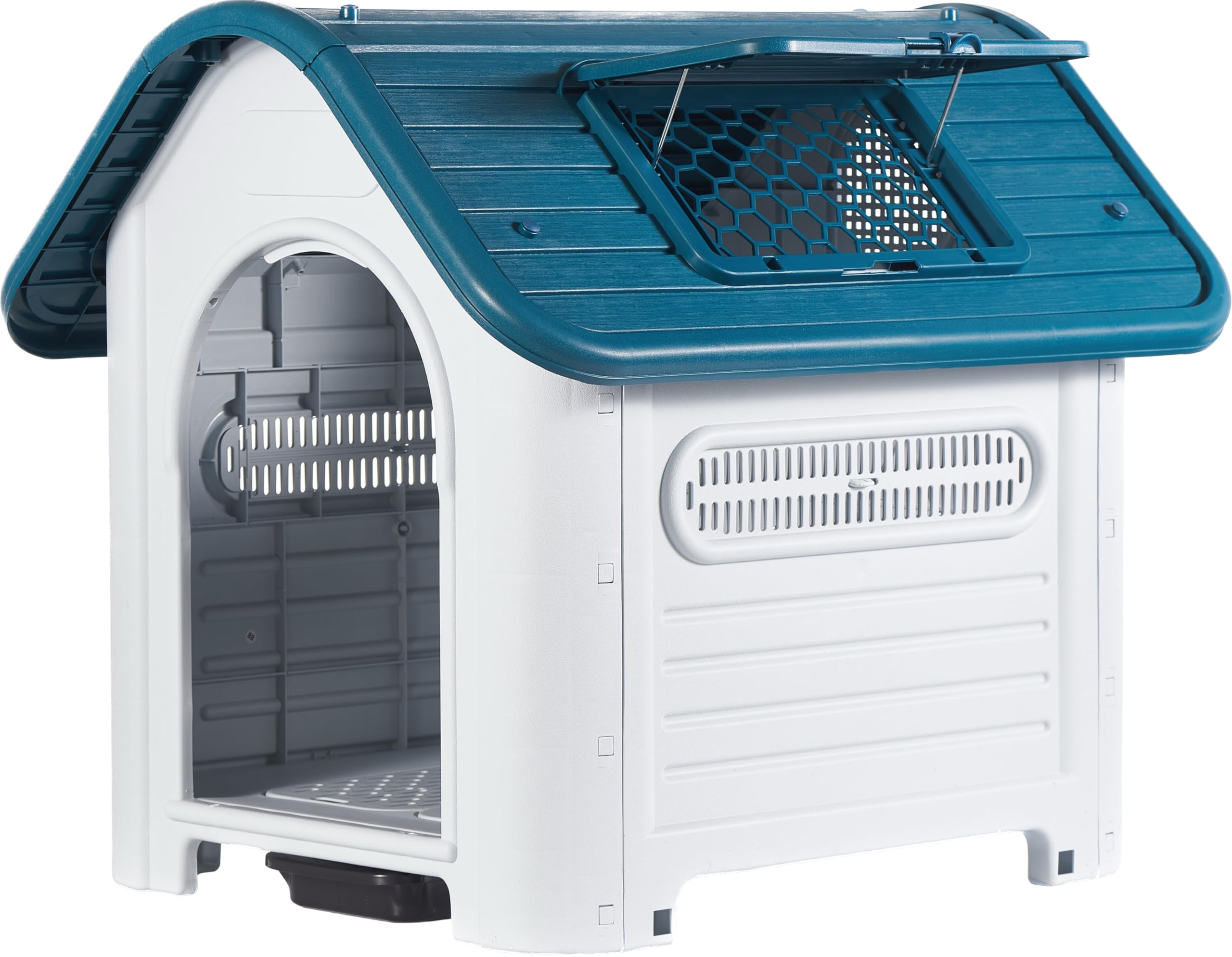 Lanco - Caseta para Perros Medianos con Techo Solar Ajustable y WC. Uso Interior y Exterior con respiraderos. Material Resistente. 87x72x75cm. Azul y Blanco.