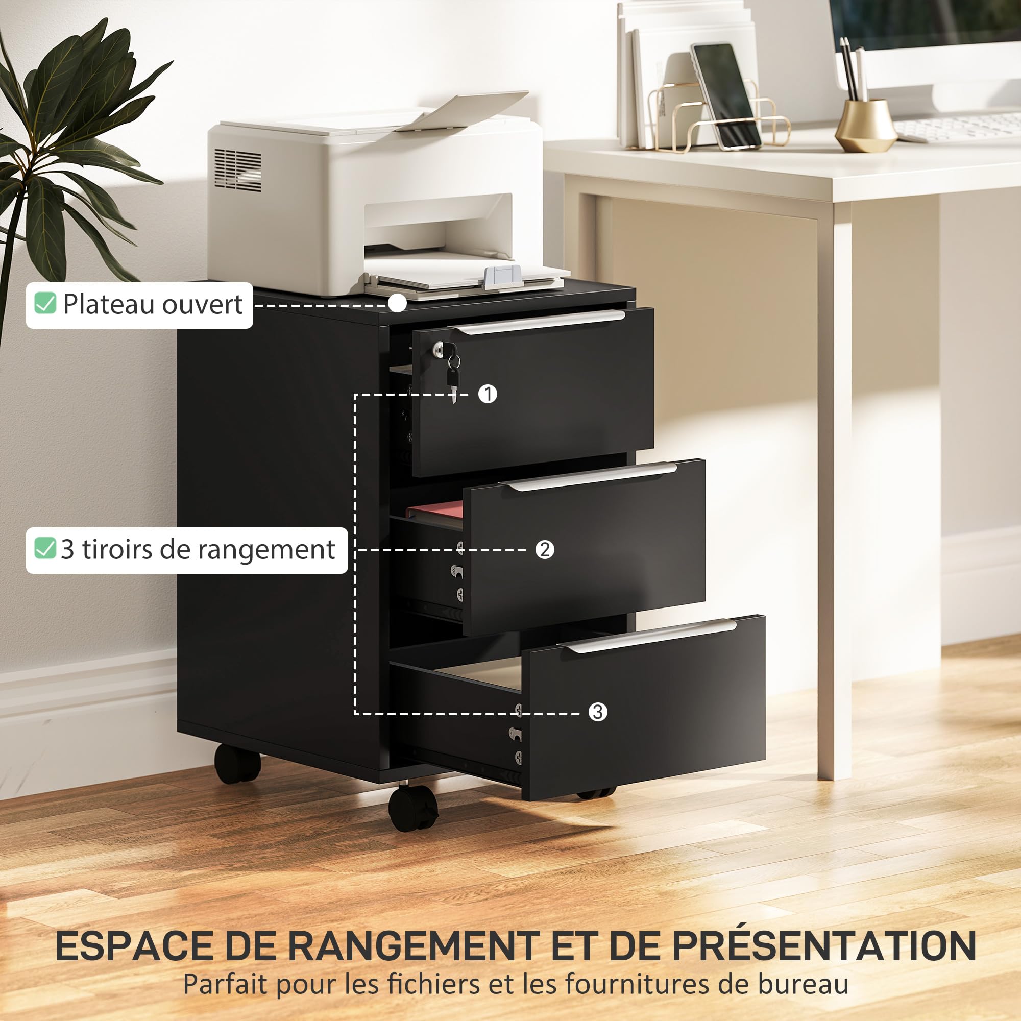 HOMCOM Cassettiera da scrivania mobile con 3 cassetti e serratura, mobile da scrivania su ruote, per documenti e stampante, contenitore compatto per lavoro o camera da letto, 40 x 40 x 63,5 cm, nero