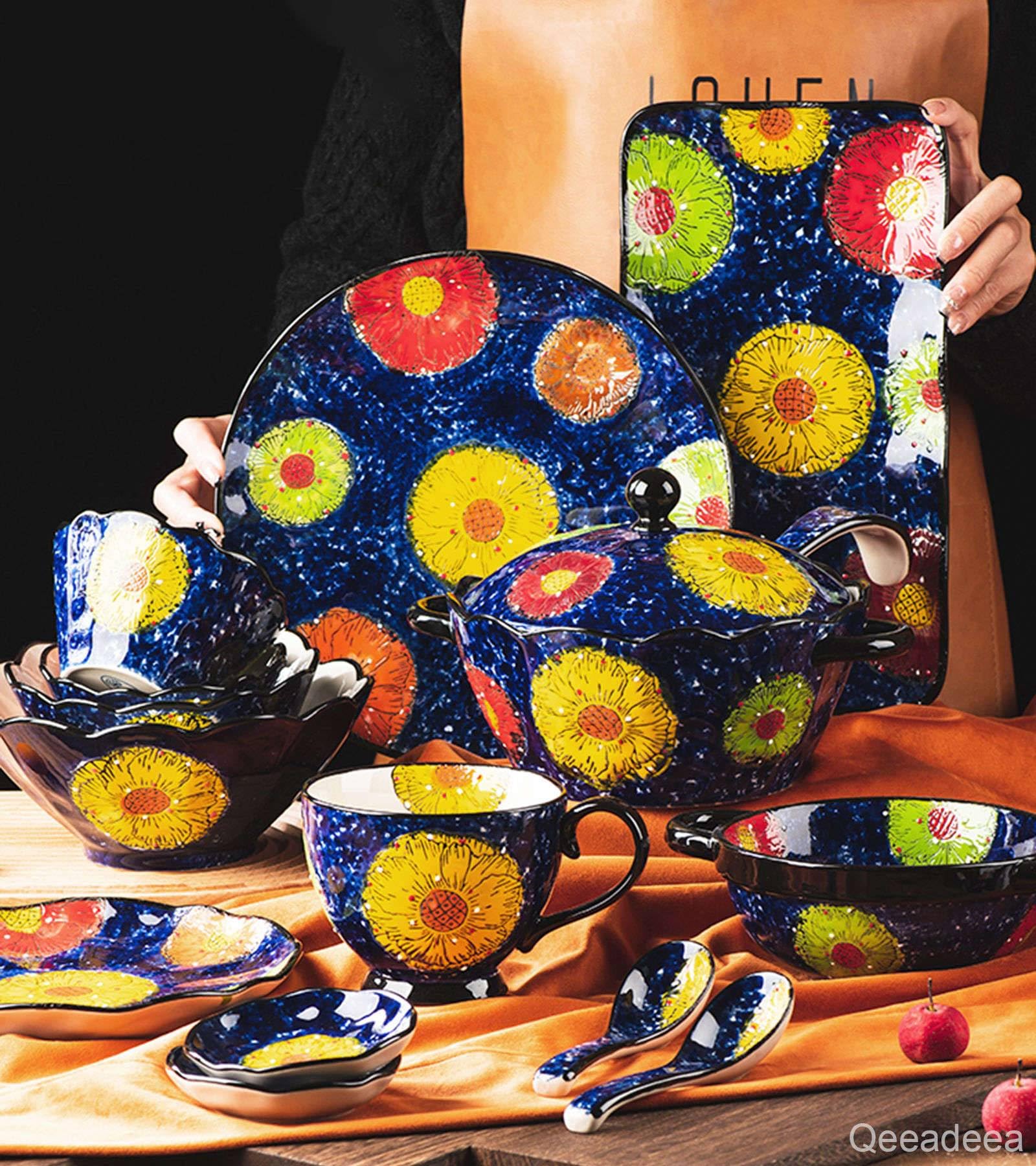 Ramen-Schüssel, Keramik-Instant-Nudelschüssel, Ramen-Schüssel 2er-Set, Keramik-Ramen-Schüssel, große Suppenschüsseln-Blau und Blumen-8 Zoll(Blue)