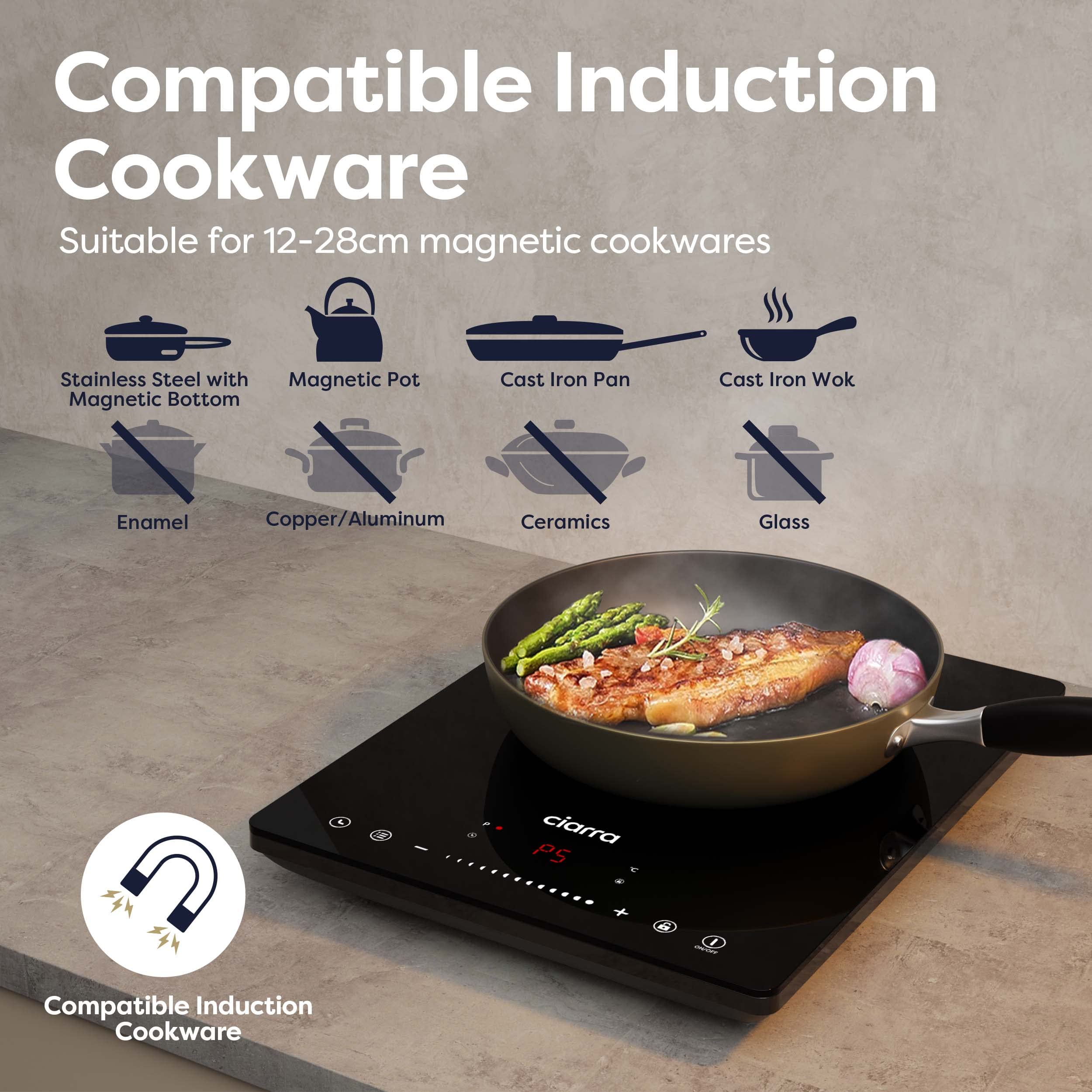 CIARRA CBTIH1 Piano Cottura a Induzione 2000W 8 Livelli Controllo Touch Sicurezza Multiplo Timer Spegnimento Automatico Blocco Bambini Vetro Ceramico Nero