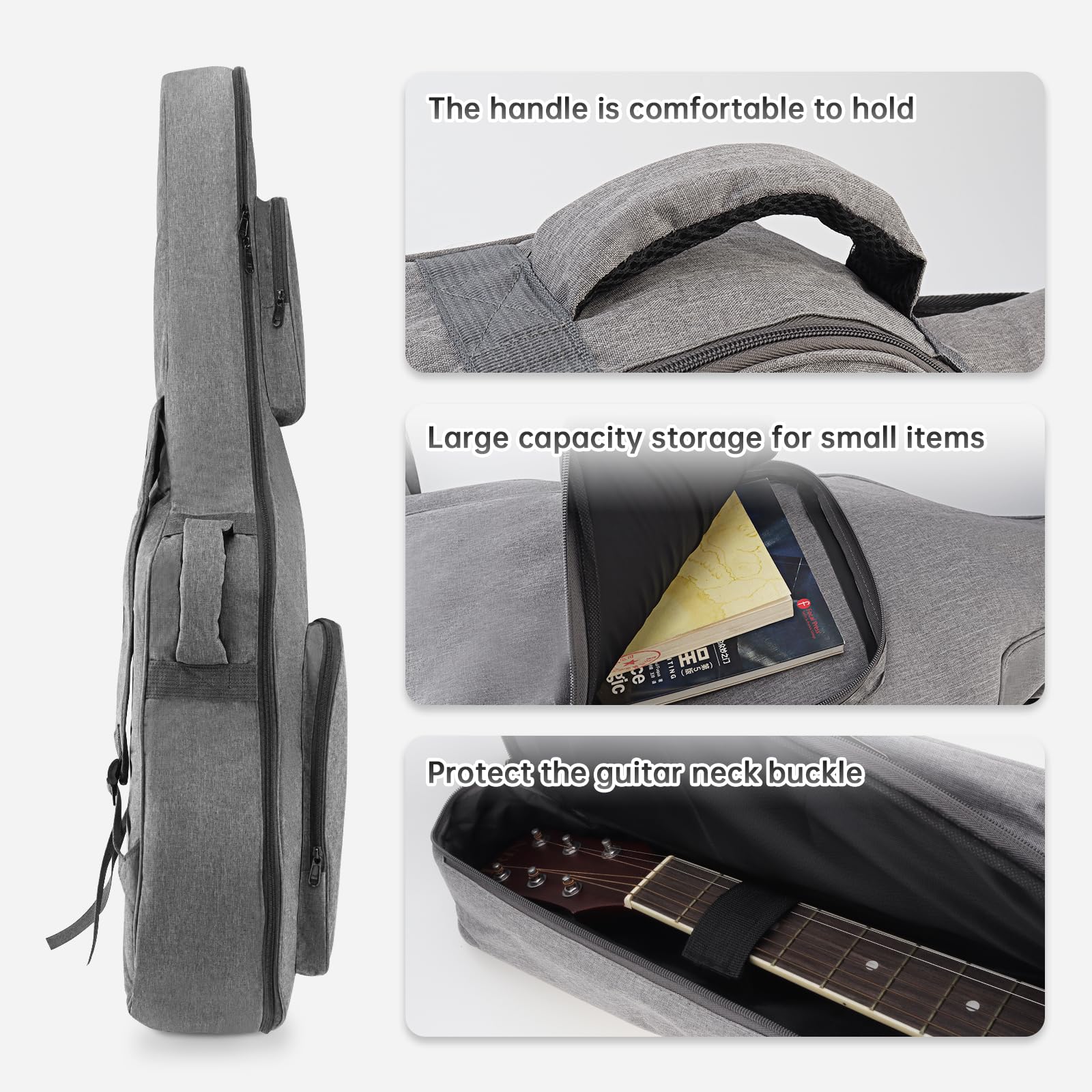 Housses pour Guitare Acoustique avec Rembourrage épais de 10,6 mm, Tissu Oxford imperméable, Gris, pour Guitare Acoustique de 40 à 41 Pouces avec Sangle de Cou, étui Souple pour Guitare