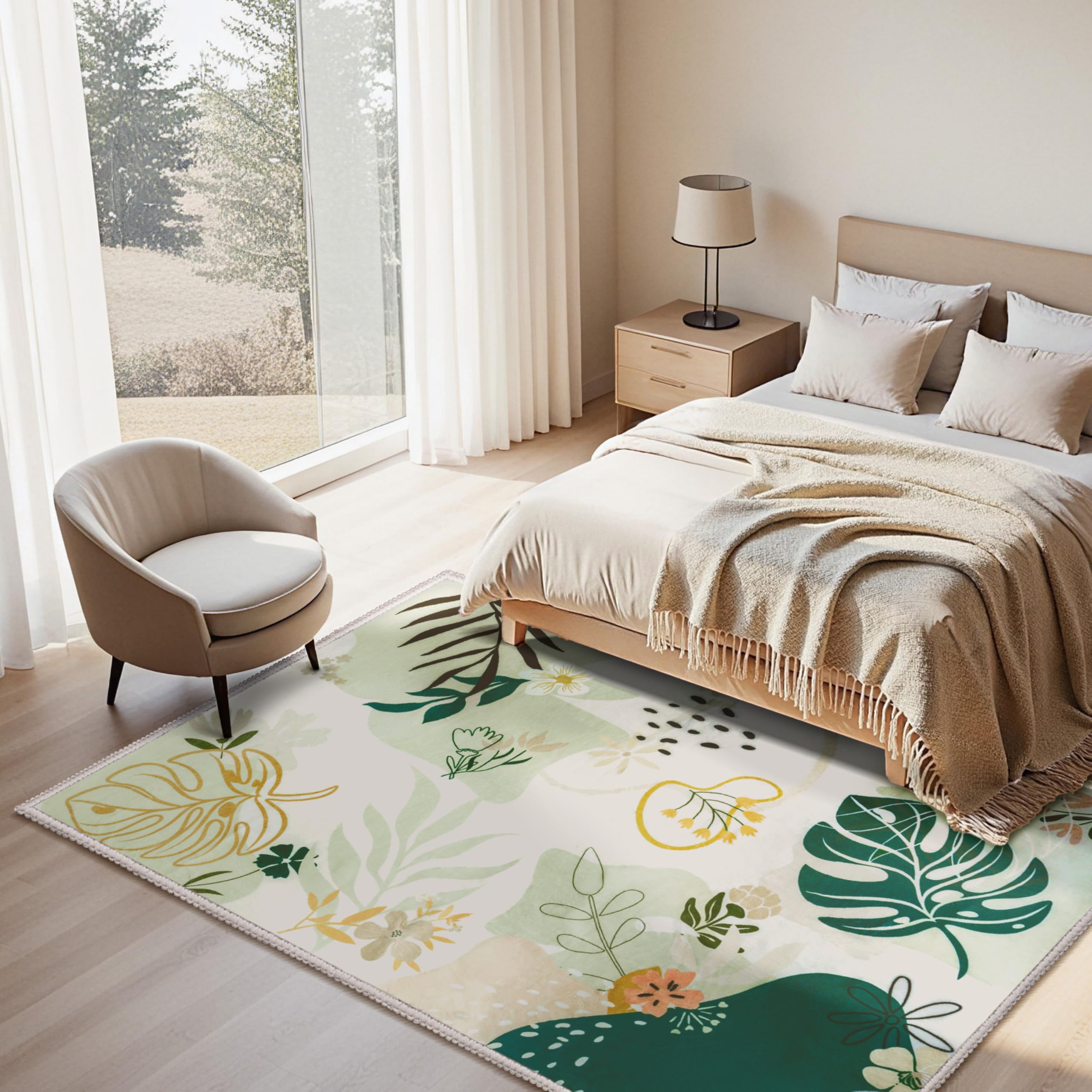 Joiedomi Tappeto Moderno, Lavabili,120x 180 cm, per camera da letto, antiscivolo per tappeti, morbidi, con supporto in gomma, Art Flora, per pavimenti interni, sala da pranzo, comodino (Verde)