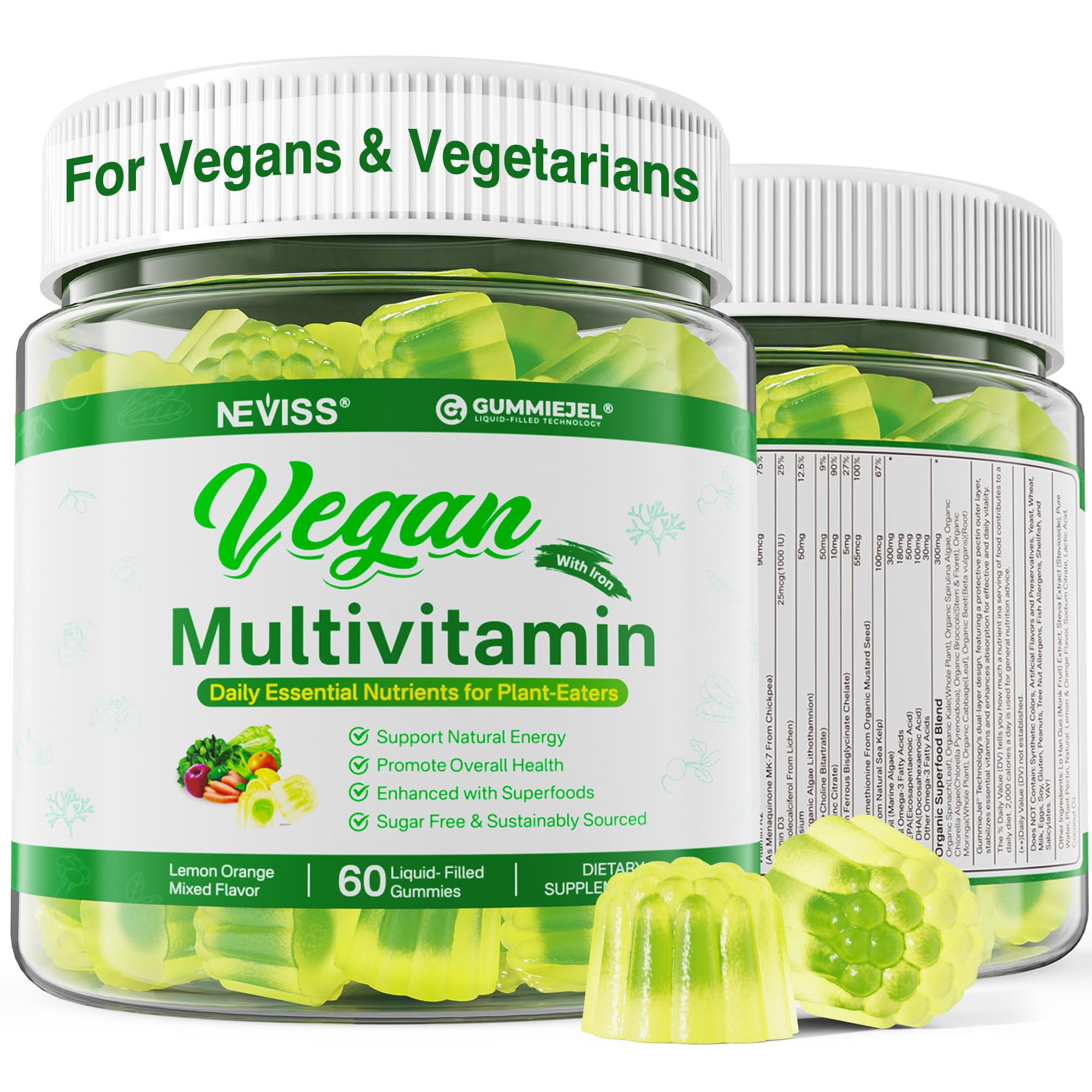 Vegan Multivitamin for Women & Men with Methyl Vitamin B12, D3 K2, Plant Based Omega 3 (DHA+EPA), Iron, Choline, Zinc, Whole Food Daily Vitamins Gummies for Vegans & Vegetarians, Sugar Free, 60 Counts