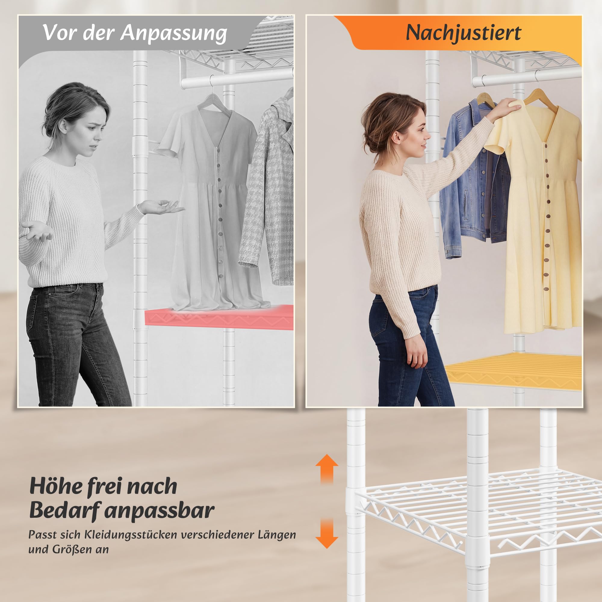 Offener Kleiderschrank mit 3 Regalböden & 4 Haken für Mäntel, Jacken | Höhenverstellbarer Kleiderständer mit 2 Kleiderstangen,200 KG Tragfähigkei,für Schlafzimmer,Eingangsbereich,Weiß