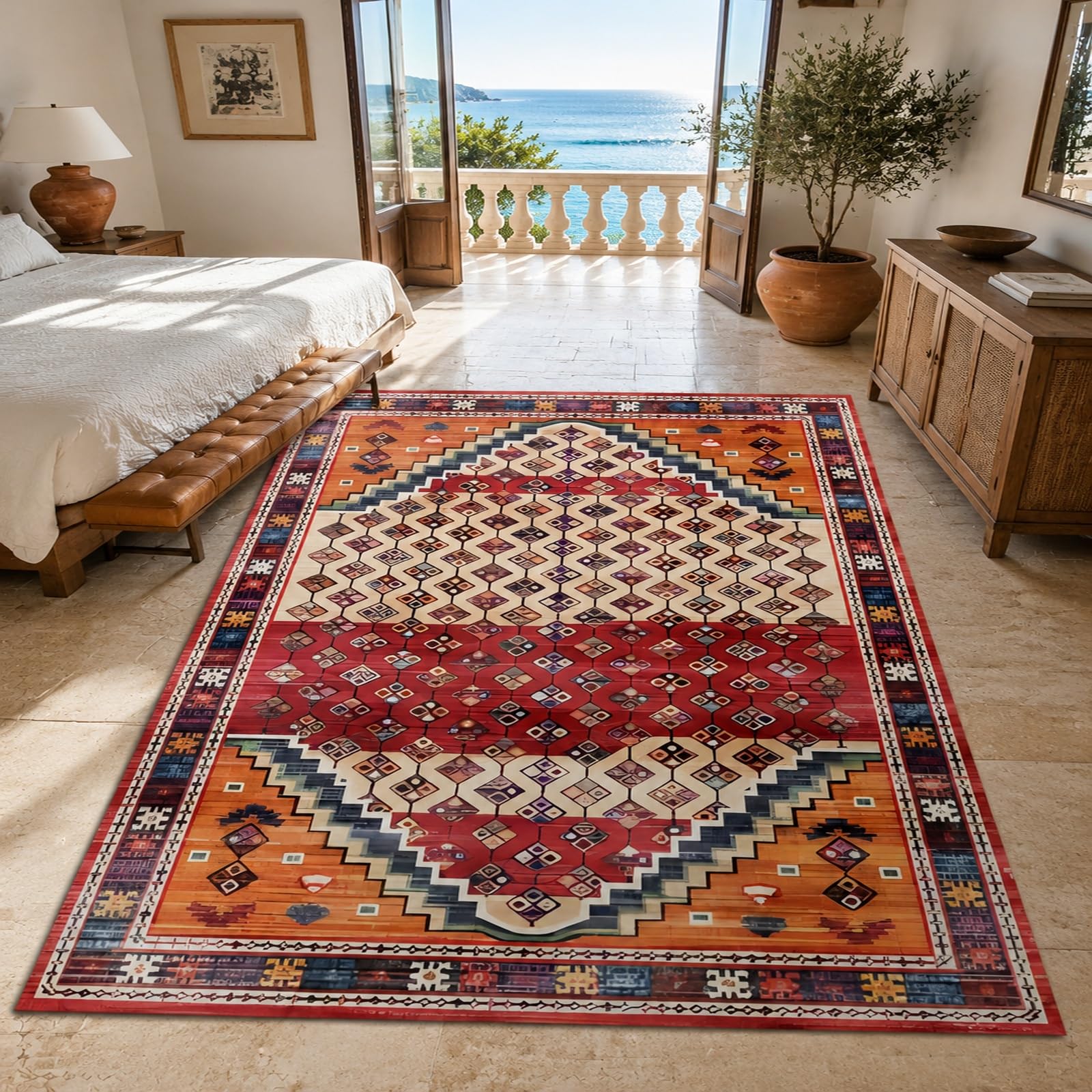 Grand tapis salon oriental vintage géométrique rouge et beige de 200x300 cm