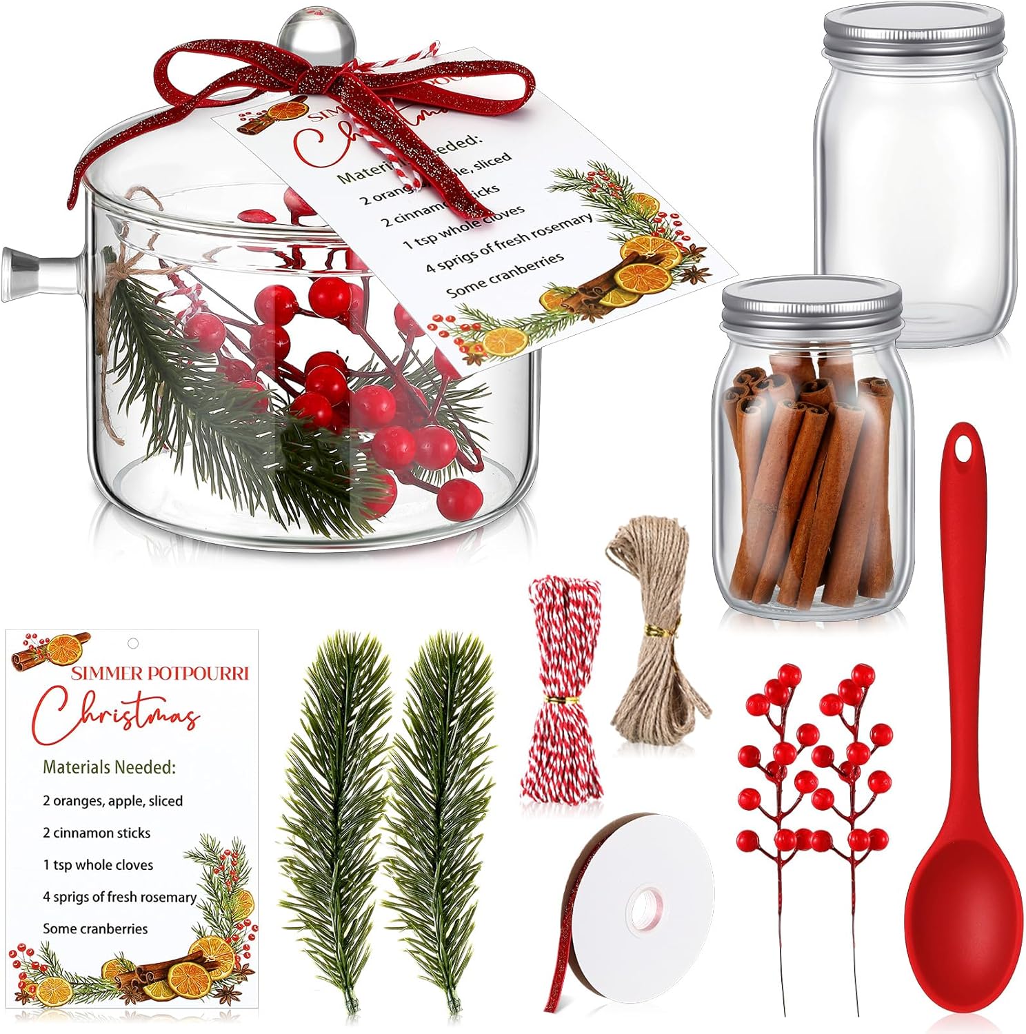Baderke Christmas Simmer Pot Gift Include 50 oz Glass Cooking Saucepan 2 Pcs 17 oz Mason Jars for Potpourri Xmas Card Red Berries for Christmas Holiday House Warming Thank You Gift Simmering Supplies