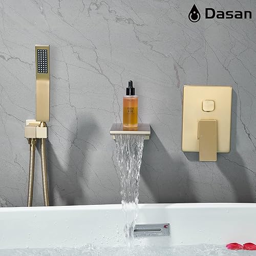 Miniatura 7 de DASAN SA-TF01WH-BG - Grifo de llenado de bañera en cascada con ducha de mano, moderno grifo de bañera de oro cepillado con válvula de alto caudal en