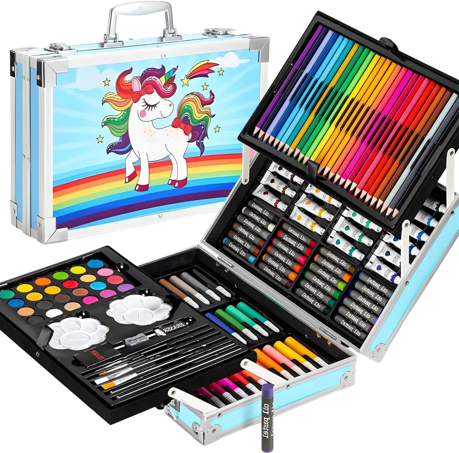 Corslet 145-Piece Art Set for Kids with Unicorn Storage Case | Drawing & Painting Kit with Oil Pastels, Watercolors, Sketch Pens, Color Pencils | Art & Craft Supplies for Girls & Boys (BLUE)