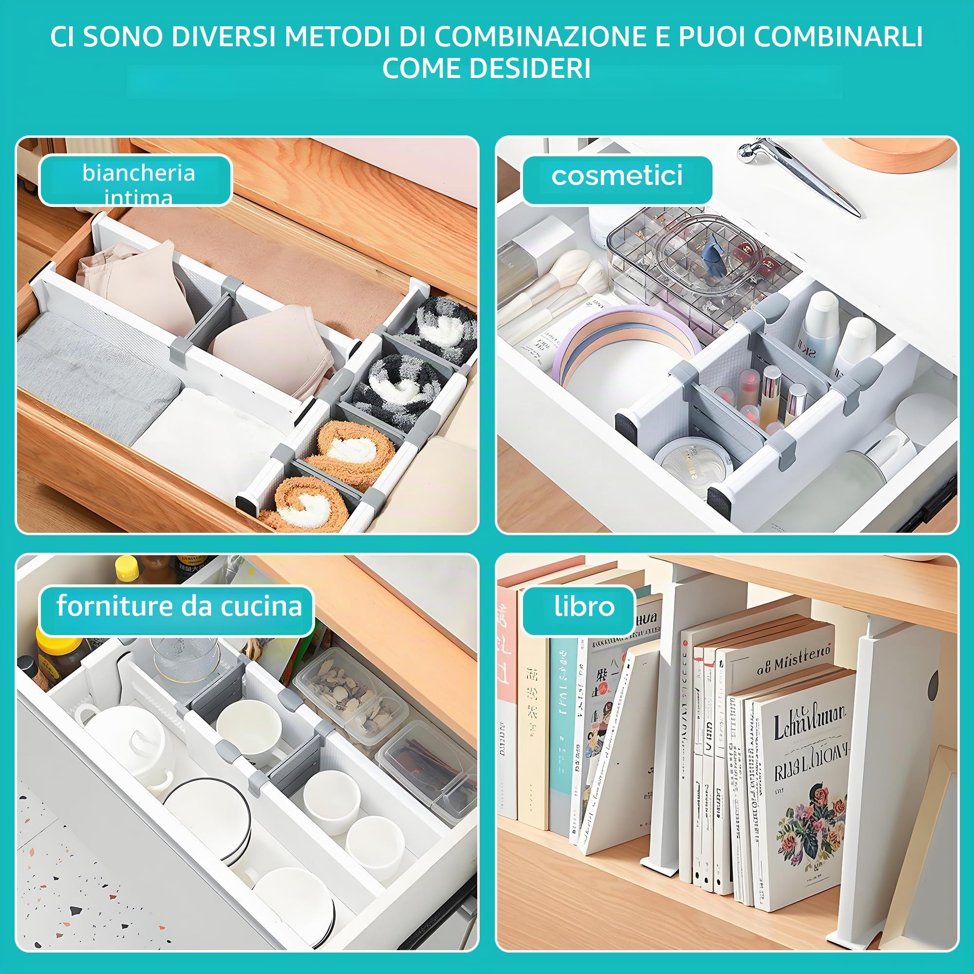 Divisori per cassetti regolabili in plastica, confezione da 4,Separatori Per Cassetti lunghezza regolabile 37,5-54 cm, altezza 10 cm, 6 divisori, Divisori Cassetti adatti per spogliatoi,ecc. (bianco)