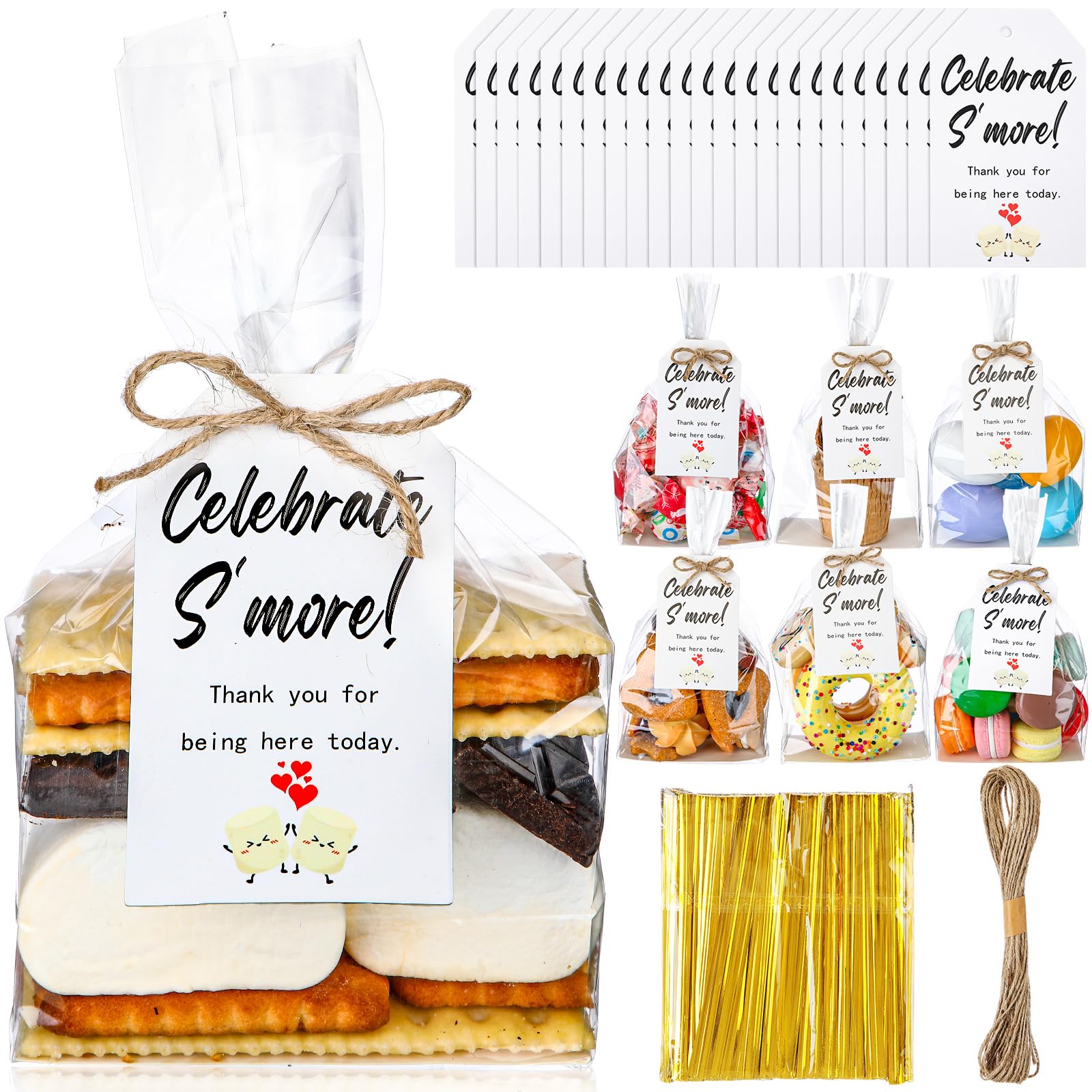 Mooliwe 50 Set S'mores Kit 4 x 2 x 8 S'more Bags Flat Bottom Gusseted Cellophane Bags with Favor Tag and Twine for Wedding Baby Shower Birthday Favors