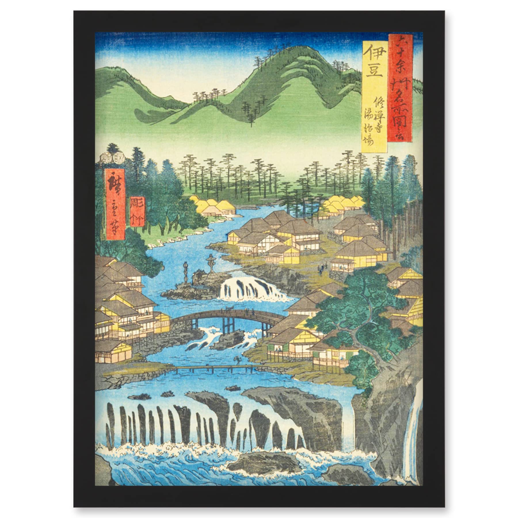 Utagawa Hiroshige Woodblock Artwork - The Hot Springs of the Shuzen Temple, Izu Province - Framed Wall Art Print A4