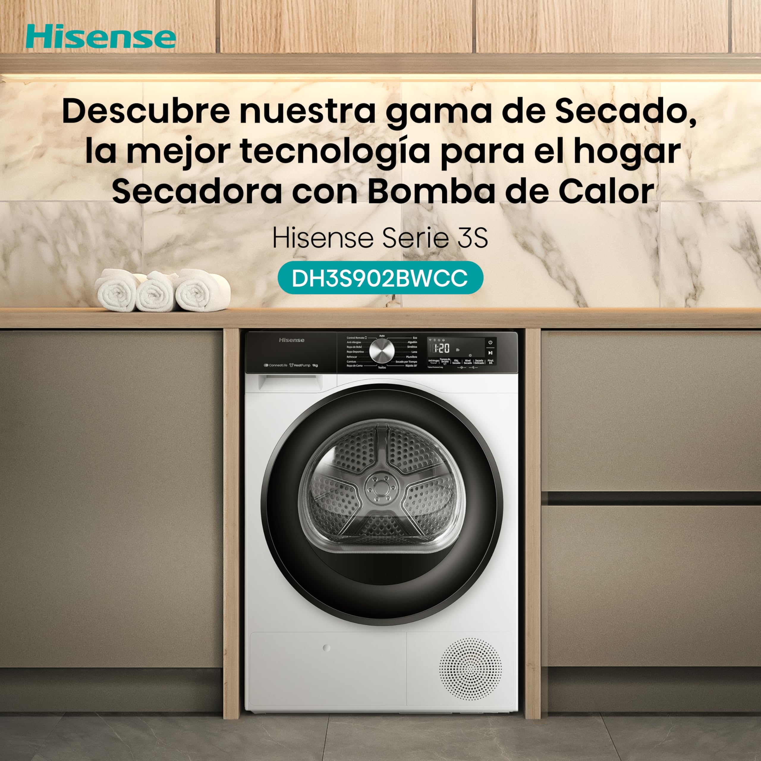 Hisense DH3S902BWCC - Secadora 9Kg, Clase C, Fondo 59cm, Secado Automático, Secado Rápido 30', Smart Pair, Antiarrugas, Bomba de Calor, Allergy Care, Blanco