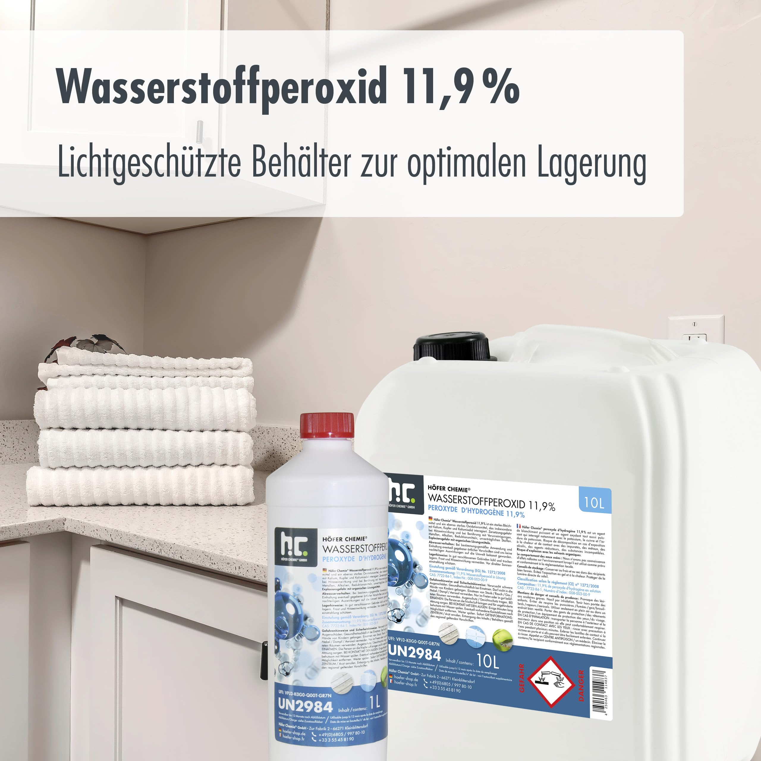 Höfer Chemie 10 L Wasserstoffperoxid 11,9% – Technische Oxidationslösung – stabilisiert mit 1% Phosphorsäure – Vielseitig einsetzbar zum Bleichen, Reinigen & Technischen Gebrauch