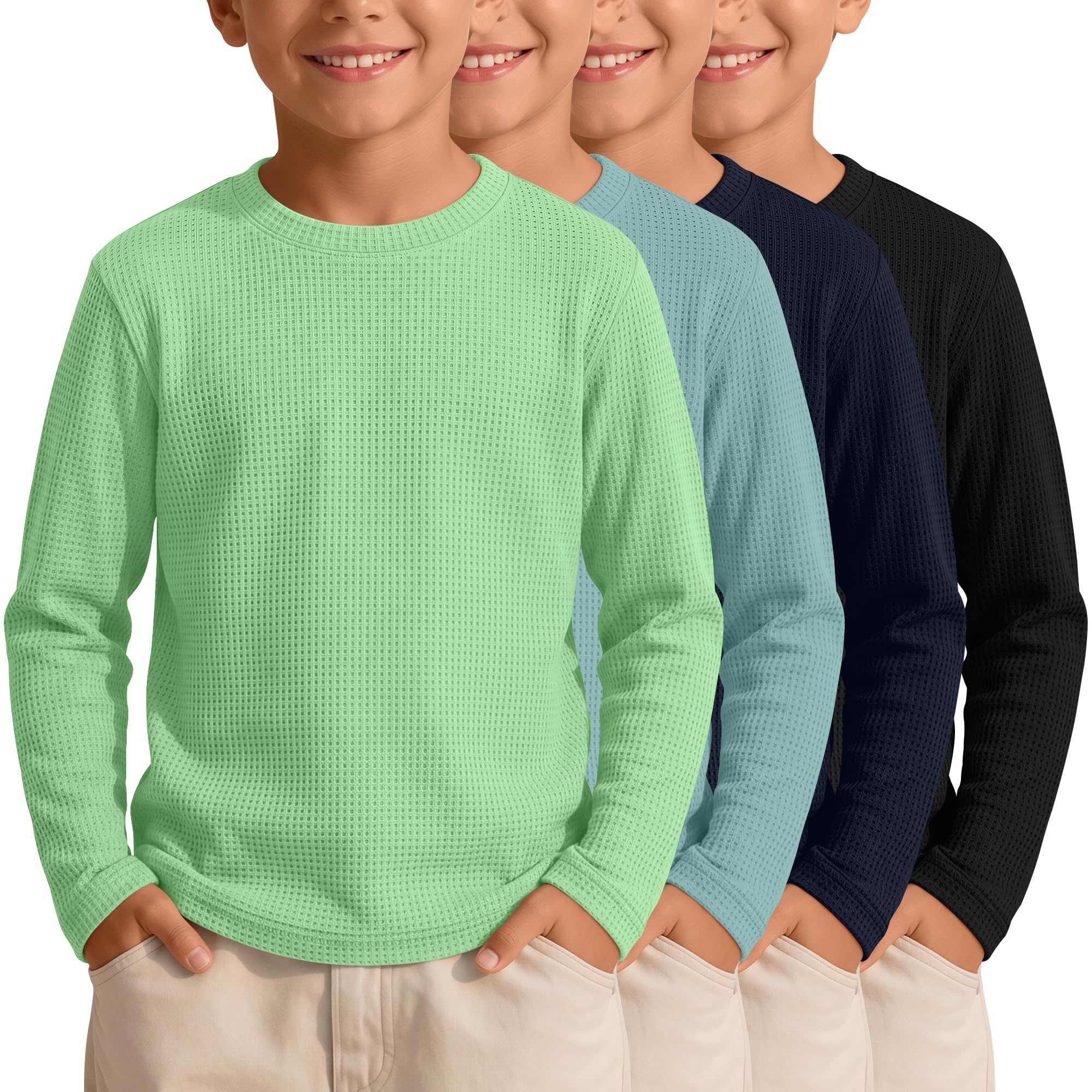 4 Pack Boys Long Sleeve Waffle Knit Thermal Shirts