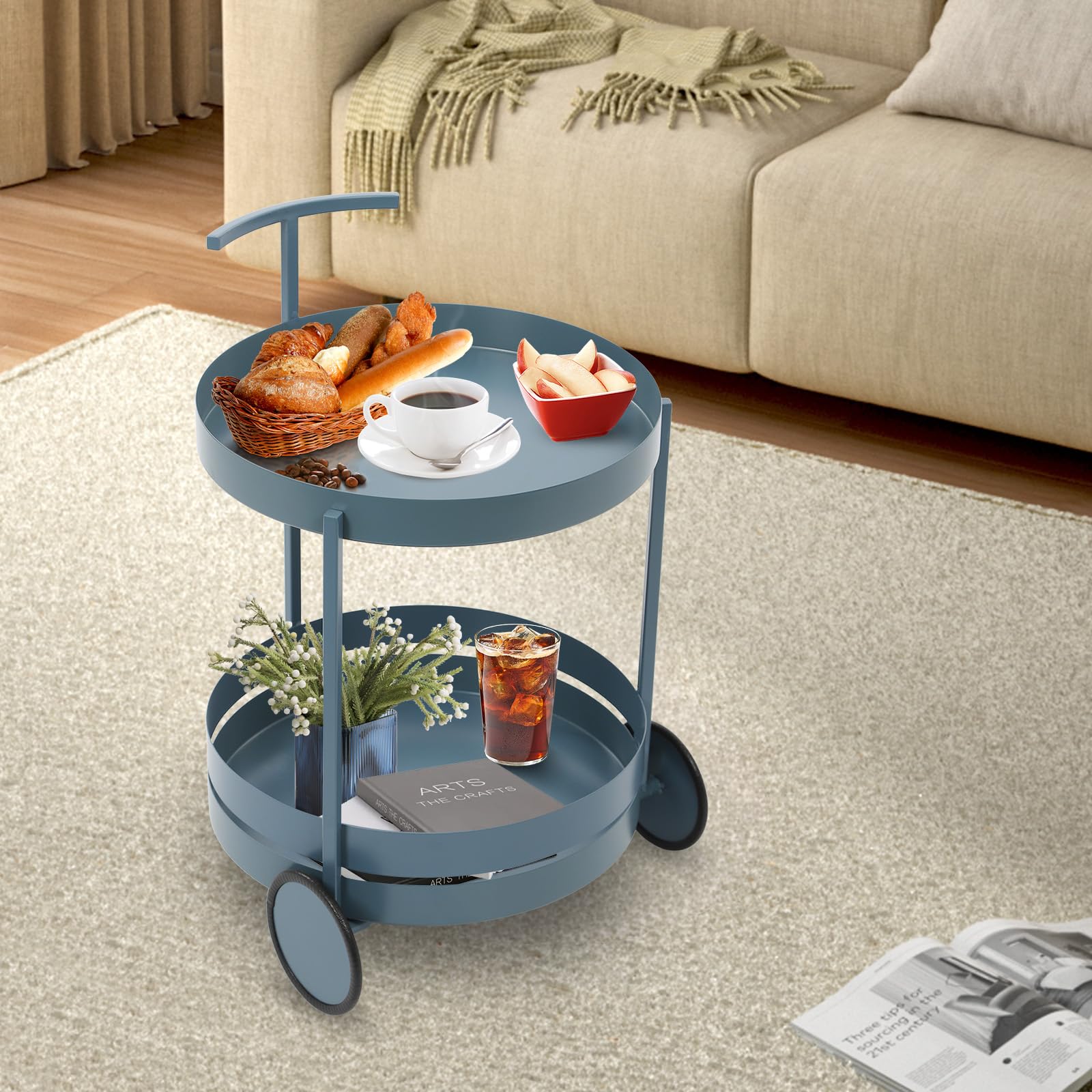 Carrello da cucina a 2 ripiani, in metallo, con ruote, carrello rotondo e multiuso per soggiorno, sala da pranzo, cucina, ufficio, camera da letto, 40 x 40 x 61 cm