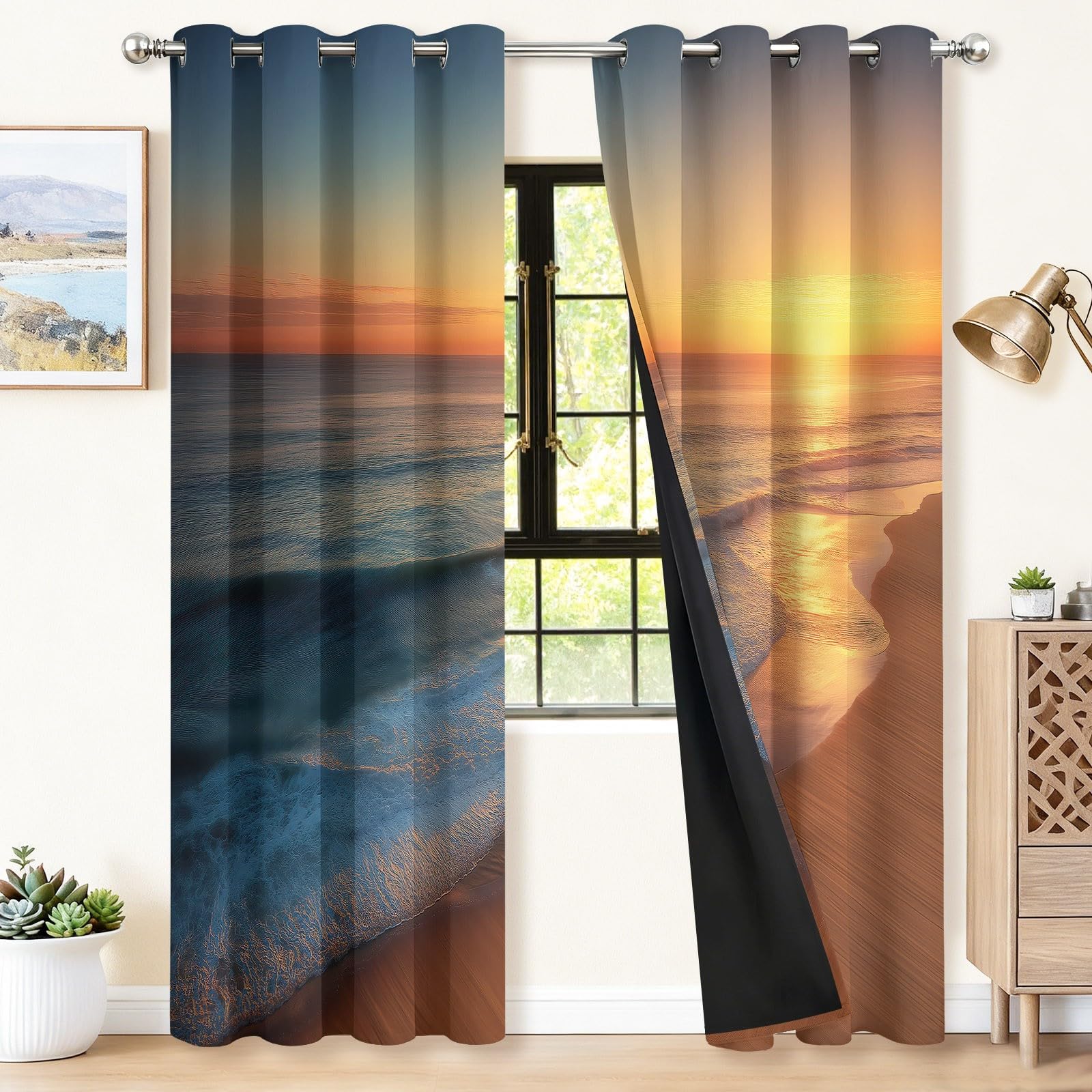 Rideaux de salon imprimé vagues et coucher de soleil pour une ambiance thermique zen