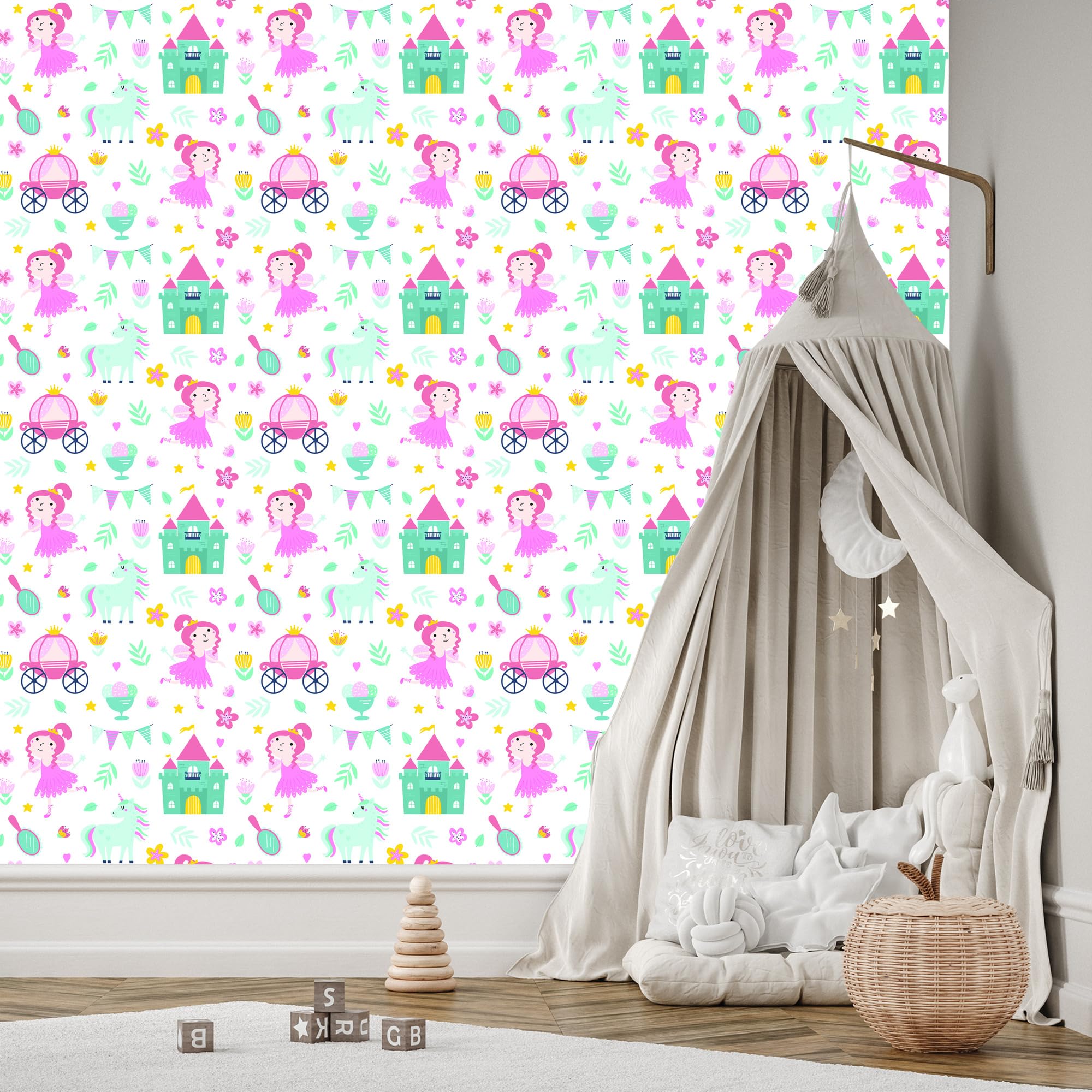 Vliestapete Einhörner und Prinzessinnen 50 x 1000 cm | Magische Märchenwelt; Verträumte Fantasiekulisse; Spielerischer Kinderakzent; Kleister im Set