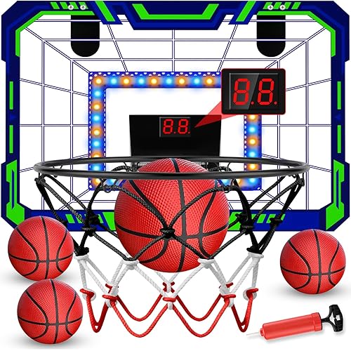 Kids Indoor Basketball Hoop - Over The Door Mini Basketball Hoop with LED Scoreboard, Lights & Sound, Includes 4 Balls - Fun Birthday for Boys & Girls Ages 3-12 to Play Anywhere