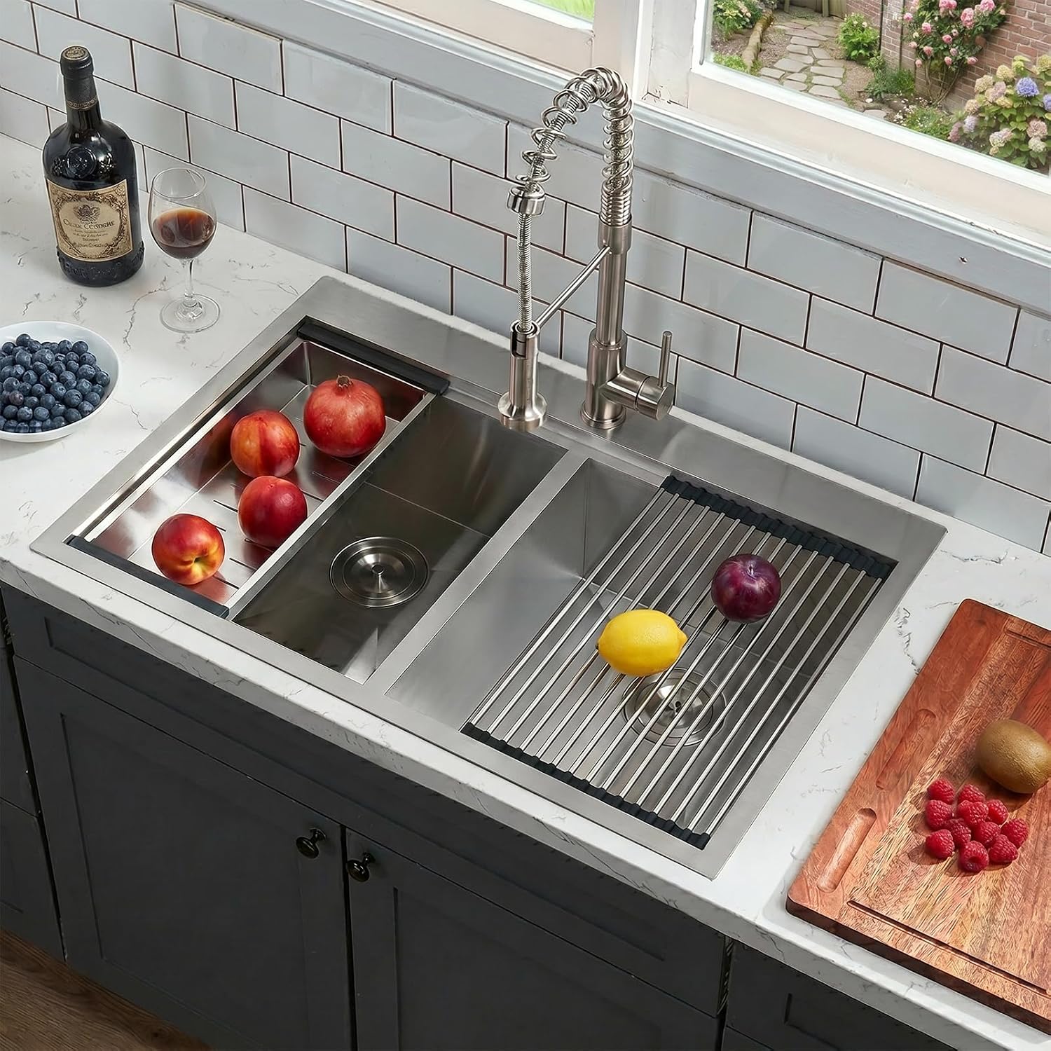 Comllen 33x22 Drop in Double Kitchen Sink | Brushed nickel finish, 16-gauge stainless steel, workstation accessories, topmount installation, rust-resistant