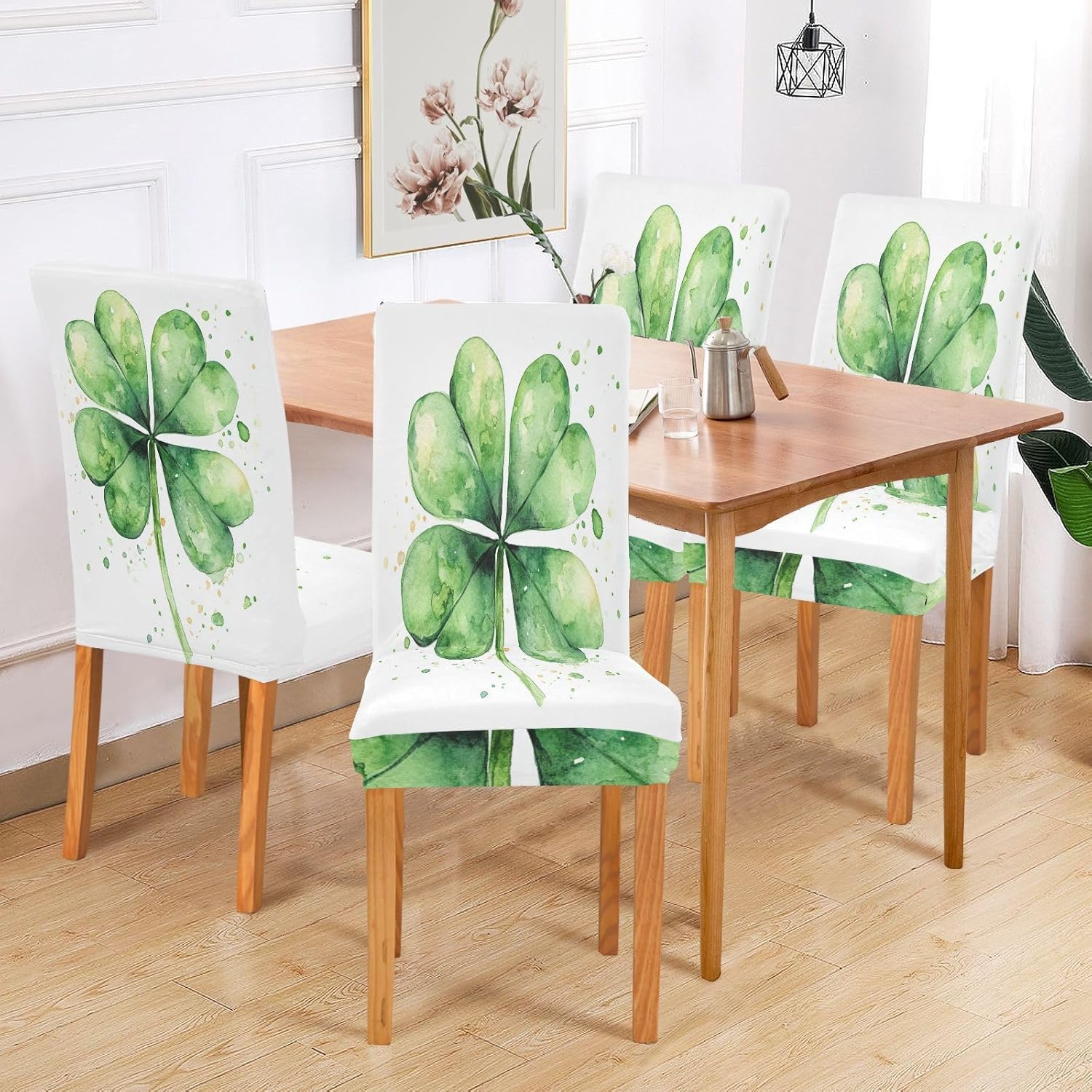 ALAZA Chair Covers for Dining Room, Watercolor Green Clover Saint Patrick Holiday Stretch Chair Cover Sets Chair Protector Removable Washable for Ktichen Restaurant Hotel