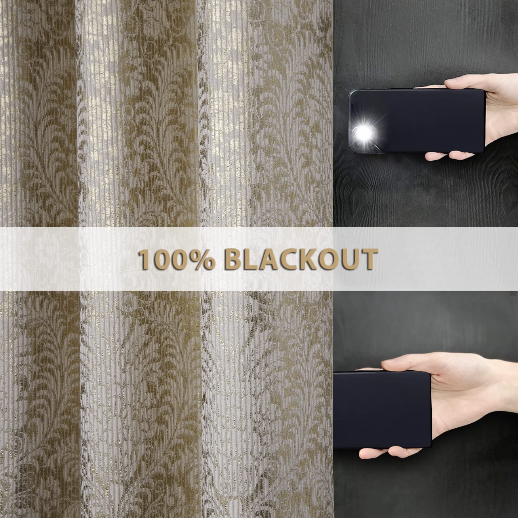 always4u 100% Rideau Occultant Lot de 2 en Velours Doré à Oeillets, Rideaux Thermique Isolant Anti Froid, pour Chambre Salon Cuisine, Motif Brillant Métallique, Beige 140x260cm