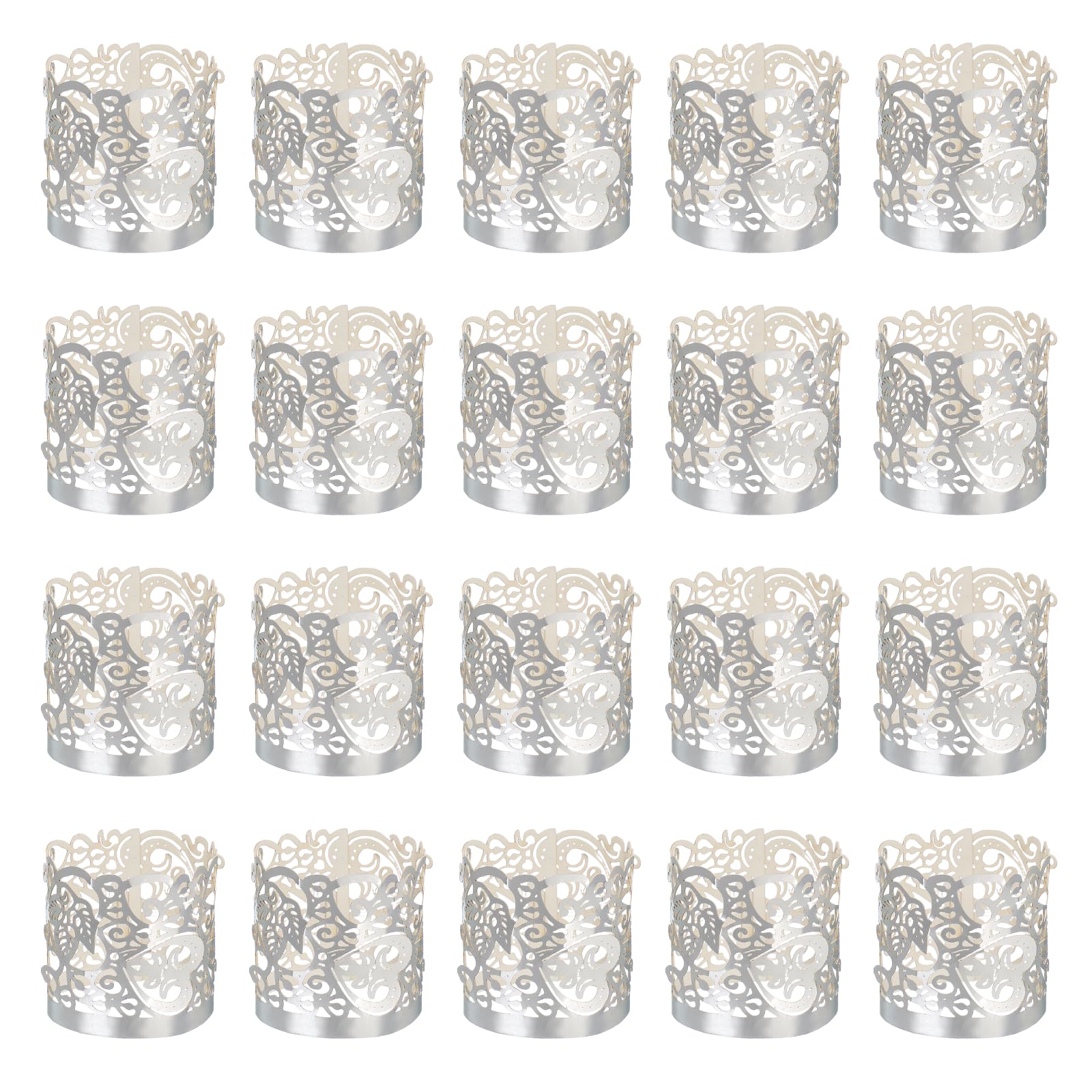 sourcing map 50Pcs Candle Wraps, Laser Cut Votive Candles Holder Wraps for LED Tealight Candles, Tea Light Wrap Lampshade for Elegant Festival Birthday Wedding Decoration, Silver