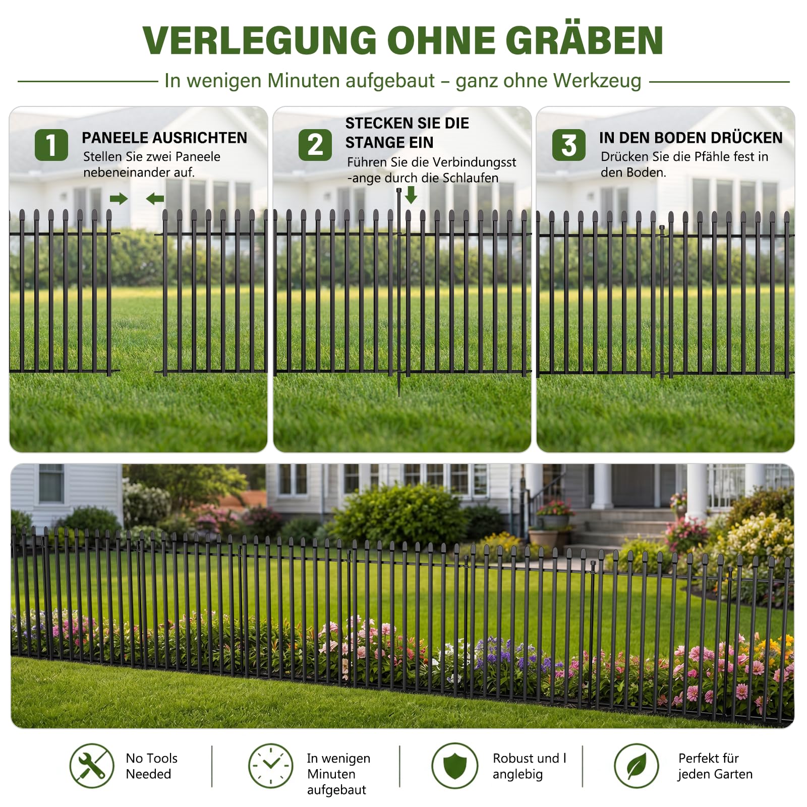 Gartenzaun, Metallzaun Paneele ohne Graben, Rostfreier Tierzaun für Außenbereich, Beetzaun für Garten, Terrasse, Beete und Landschaft | Gesamtgröße 101 cm (H) x 670 cm (L), 10 Paneele mit Tor