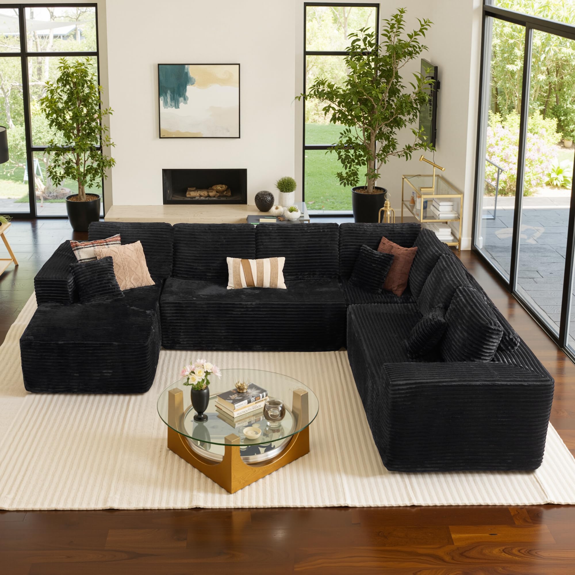 ovios Sectional Cloud Couch for Living Room, Modular Floor Sofa with Plush Corduroy, No Assembly Required, Big Comfy Couches Set with Fluffy Memory Foam, Stupendous U Shaped Sofas with Chaise, Black