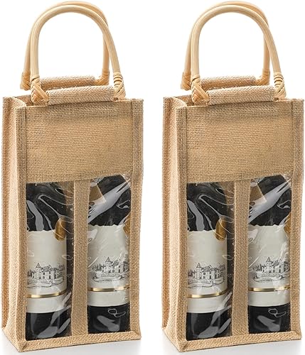 Miniatura 1 de Peohud Paquete de 2 bolsas de arpillera para botellas de vino, 4 botellas de yute para vino, bolsas de regalo de embalaje de vino vintage con