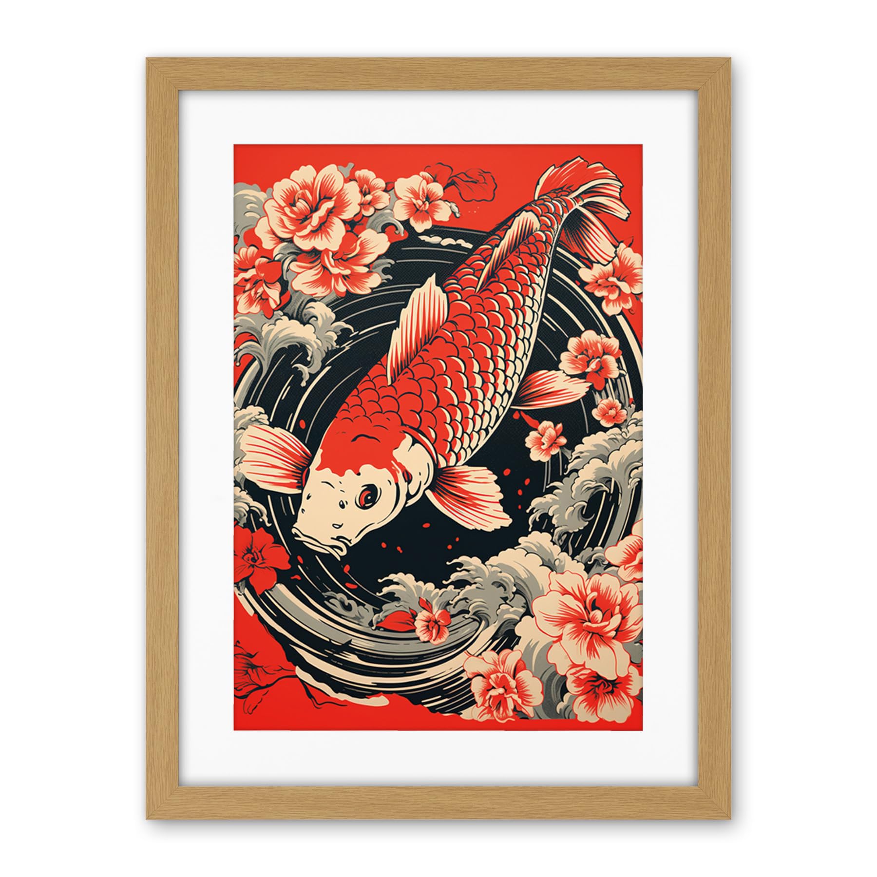 Artery8 Koi Fish Carp Japanese Whirlpool Red Black Floral Illustration Artwork Coy Artwork Framed Wall Art Print 18X24 Inch