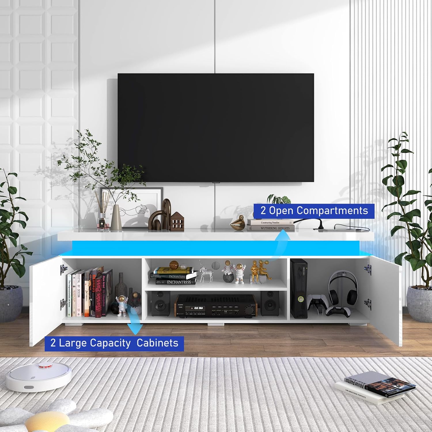 LED TV Stand for 75 Inch TV, Modern TV Stand with Power Outlet, High Gloss TV Console Entertainment Center with Storage and LED Lights for Living Room, Bedroom (66 Inch, White) - Image 4