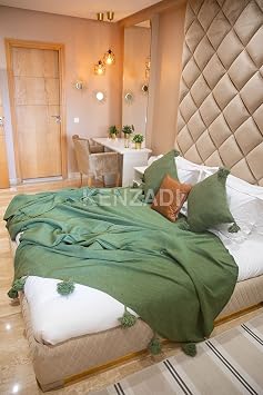 KENZADI Moroccan Handmade Pompom Blanket, Throw Blanket, Pom Pom Blanket, Boho Blanket, Bed Cover, Warm Blanket, Cozy Blanket Green with pom Green, King U.S. Standard
