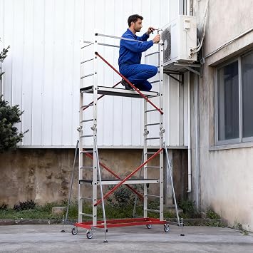 APARECIUM 18 Aluminum Scaffold Tower, Multipurpose Rolling Scaffolding Work Platform, Utility Scaffolding Tower, Adjustable Work Platform with Hatch Deck and Guard Rail, 500 Lbs Duty Rate