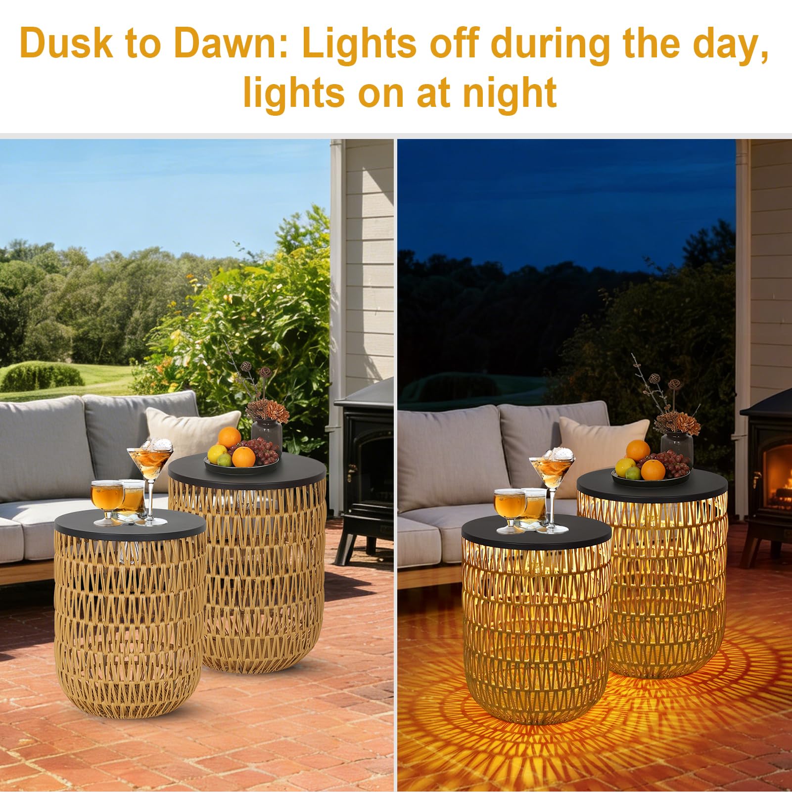 Rayofly Solar Beistelltisch Outdoor 2er Set, Rund Gartentisch Wetterfest mit Solarleuchte, Boho Solar Outdoor Tisch, Kunststoff-Rattan Solarlampe Tisch für Außen, Balkontisch, Beistelltisch Terrasse