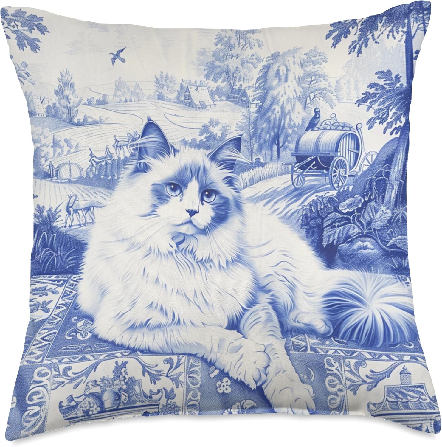Ragdoll Cat Blue Toile French Country Aesthetic Throw Pillow