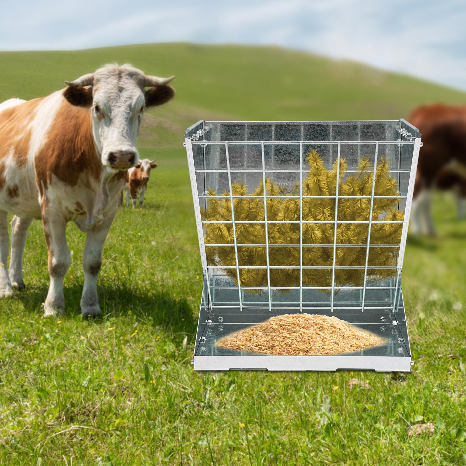 Comedero 2 en 1, profundidad del comedero 4 cm, instalación en el suelo, alimentación saludable, para cabras, caballos, ovejas, conejos, vacas (plata)