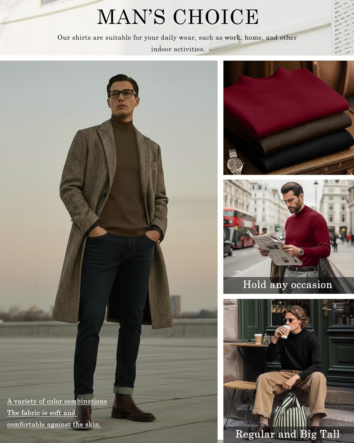 6 Packs Mens Big and Tall Shirts Long Sleeve Mock Turtleneck Tops Pullover Lightweight Basic Tees - Image 3