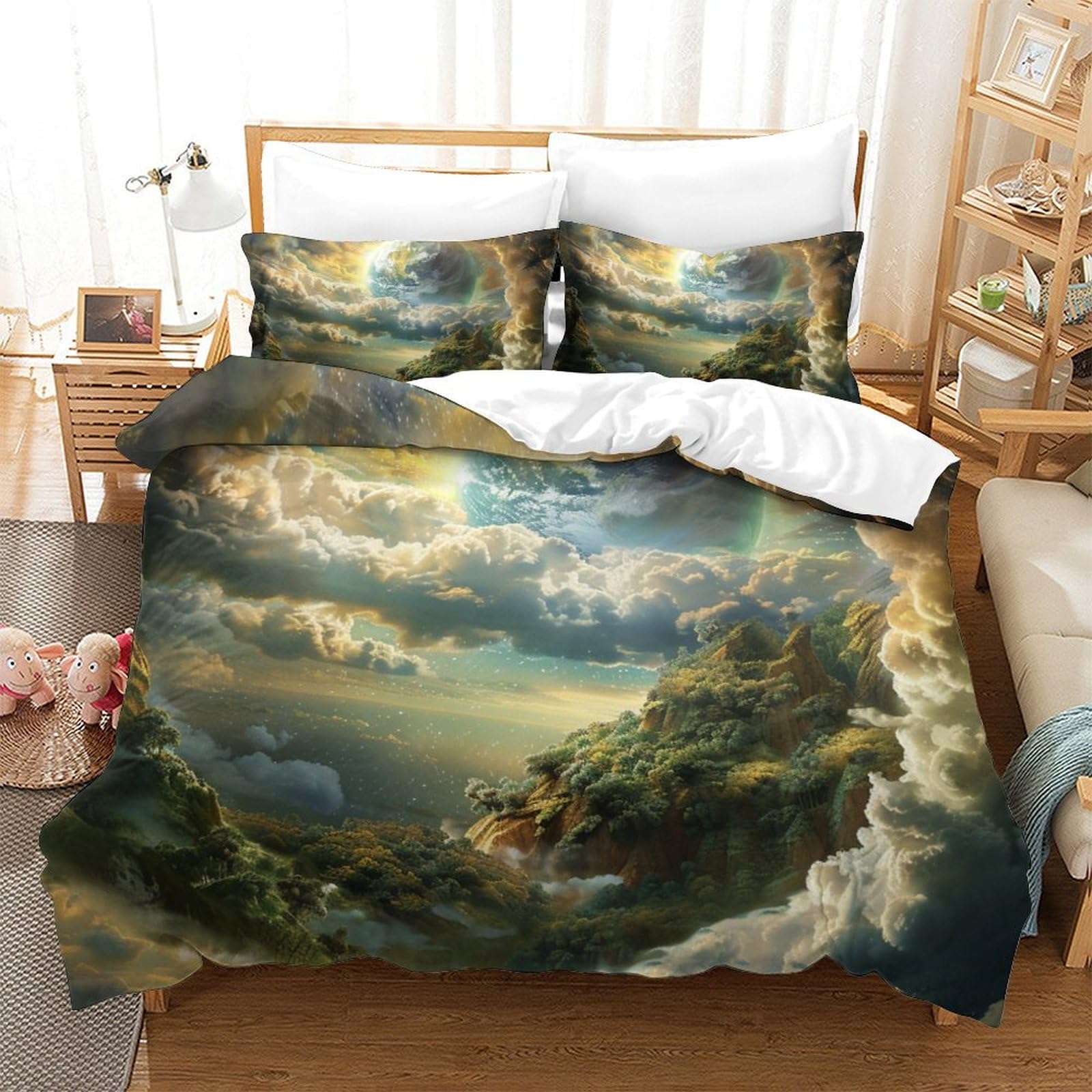 Ensemble de literie 3 pièces anti-plis en microfibre douce planète bleue