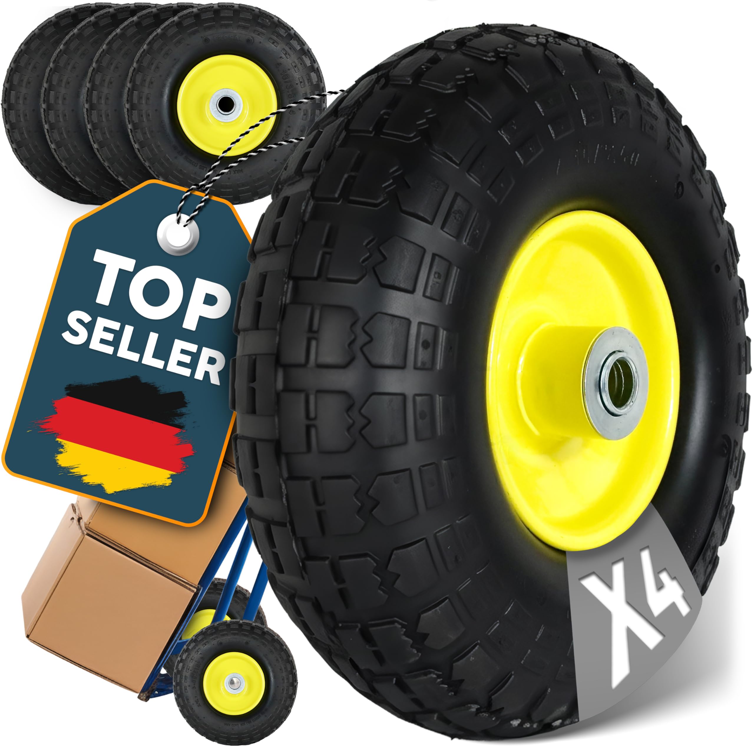 FROSAL Ersatzrad 4.10/3.50-4 (260×85) – pannensicheres PU-Rad mit Kugellager – Nabenlänge 50 mm – Achse Ø 16 mm – gelbe Stahlfelge – für Bollerwagen & Sackkarren