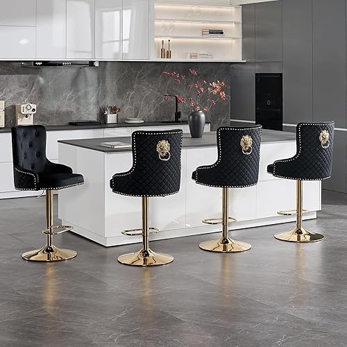 Miniatura 7 de Juego de 2 taburetes de bar de terciopelo dorado, taburetes de bar modernos de altura de mostrador con respaldo capitoné y tirador de anilla de