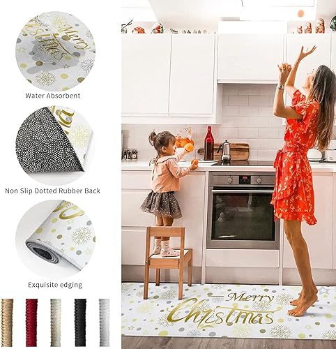 Miniatura 7 de Alfombra de pasillo de Feliz Navidad, diseño de lunares dorados y blancos, antideslizantes, de bajo perfil, para entrada, cocina, lavandería,