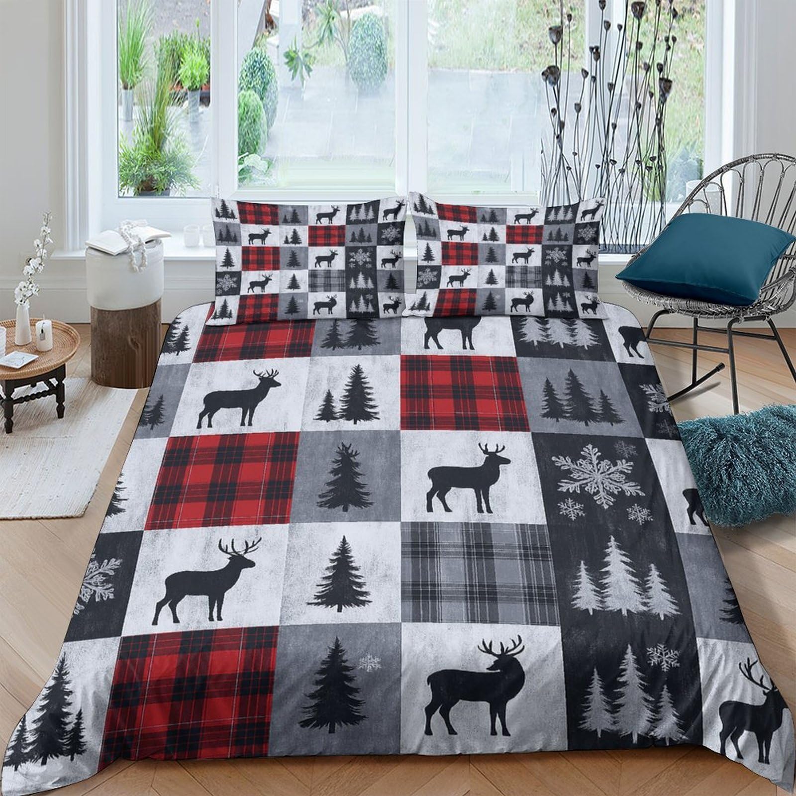 P5V6M1Q9 3D Printed Red Plaid Deer Duvet Cover Microfiber Soft Breathable Christmas Tree Bedding Set with 2 Pillowcases for Bedroom Decor Single（135x200cm）