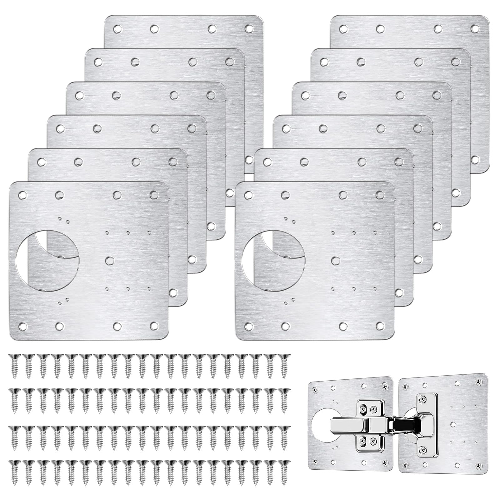 Flintronic 12PCS Hinge Repair Plate, Stainless Steel Hinges Repair Brackets, Cabinet Hinge Repair Plate with 80pcs Customized Screws, Flat Fixing Joining Mending Plates Brackets for Wood Furniture — image 1