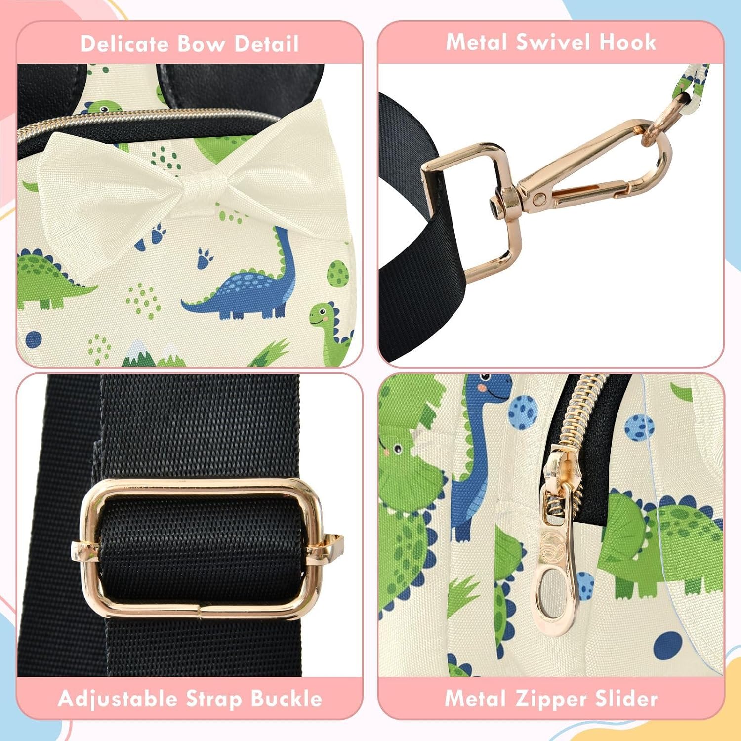 Sinestour Dinosaurs Kids Sling Bag for Girls, 7.5x5.7x3.1In | Crossbody Fanny Pack, Toddler Purse, Cute Sling Belt Bag with Ears, 2L Small Shoulder Chest Bag for Travel