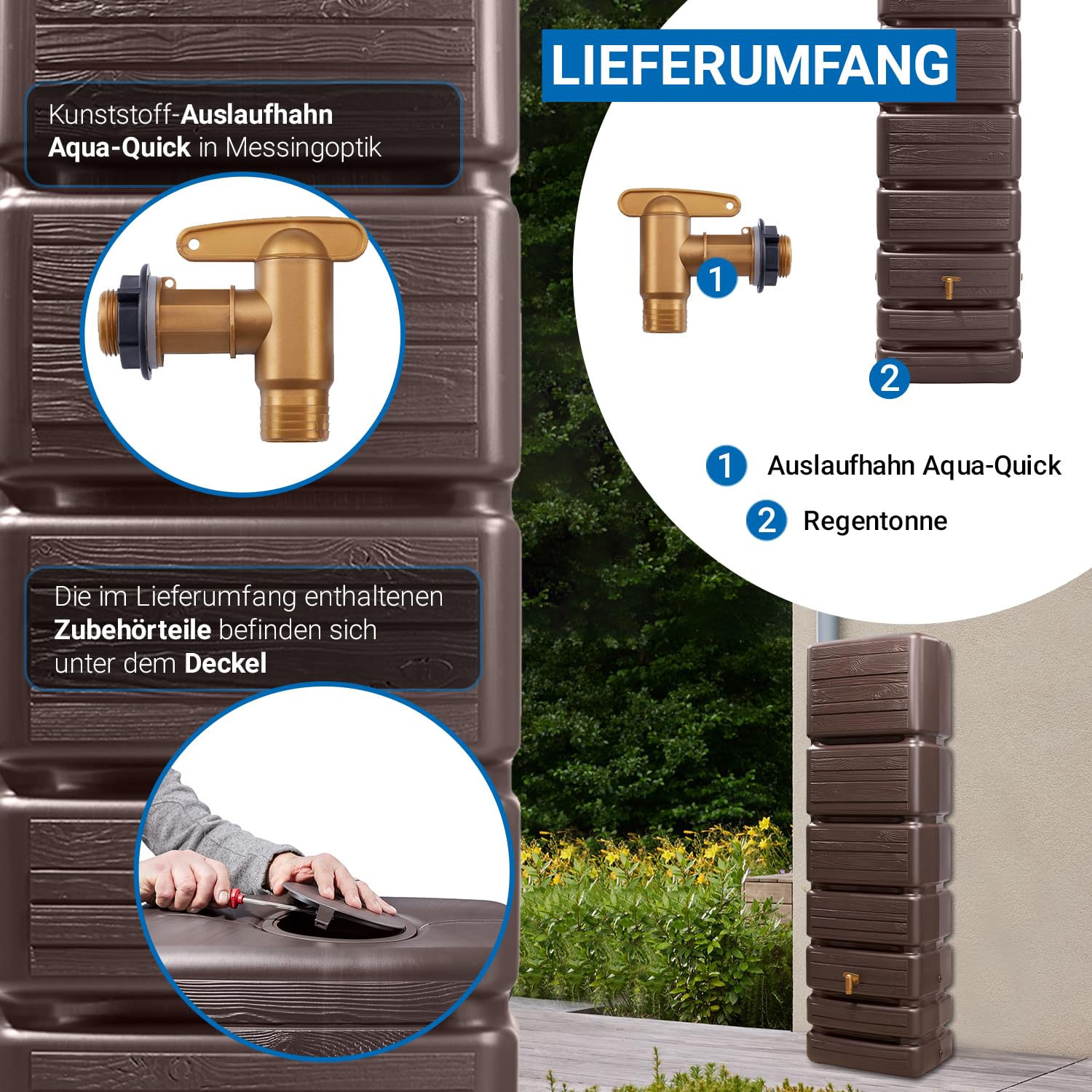 4rain Slim Wood Decor Regentonne 350 Liter Darkwood Wandtank, Wassertank | Regenfass, Regenwassertonne, Regenwassertank, Wasserbehälter, Wasserfass, Wassertonnen für Garten, Wassertonne